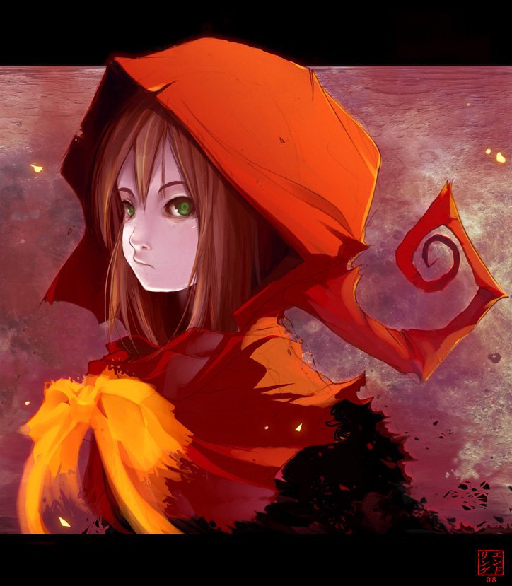 shaun healey, little red riding hood (fairy tale character), red (everafter), everafter, little red riding hood (fairy tale), 1girl, brown hair, cloak, expressionless, female focus, green eyes, hood, hooded cloak, letterboxed, long sleeves, looking at viewer, sidelocks, solo, upper body