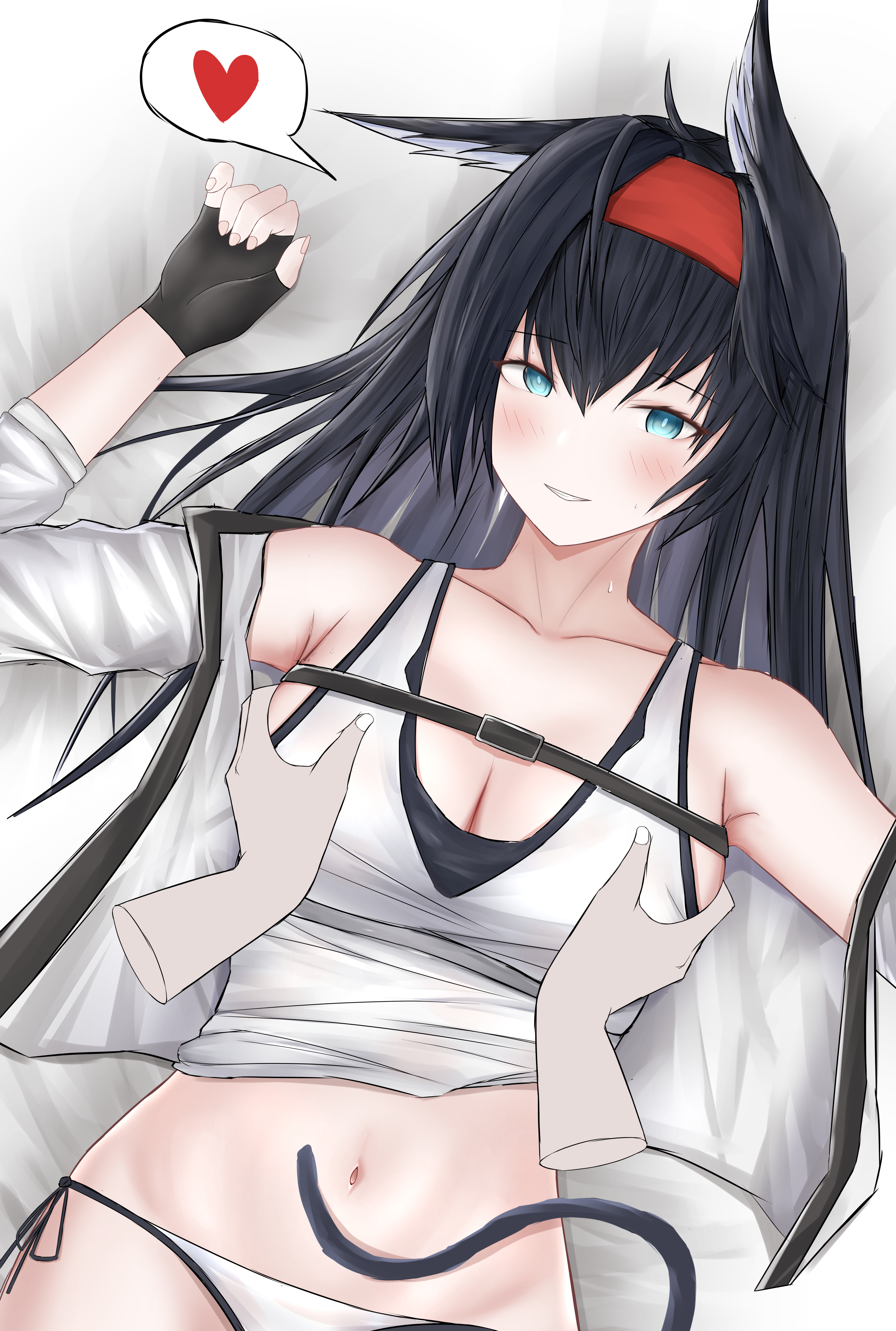 woon, blaze (arknights), arknights, absurdres, highres, 1girl, 1other, animal ears, aqua eyes, bed sheet, black gloves, black hair, breasts, cat ears, cat girl, cat tail, cleavage, collarbone, cowboy shot, curled fingers, disembodied hand, fingerless gloves, gloves, groping, hair between eyes, hair intakes, hairband, heart, jacket, large breasts, long hair, long sleeves, looking at viewer, lying, navel, off shoulder, on back, open clothes, open jacket, open mouth, panties, red hairband, shirt, side-tie panties, speech bubble, strap, sweat, tail, teeth, underwear, white jacket, white shirt, white sleeves
