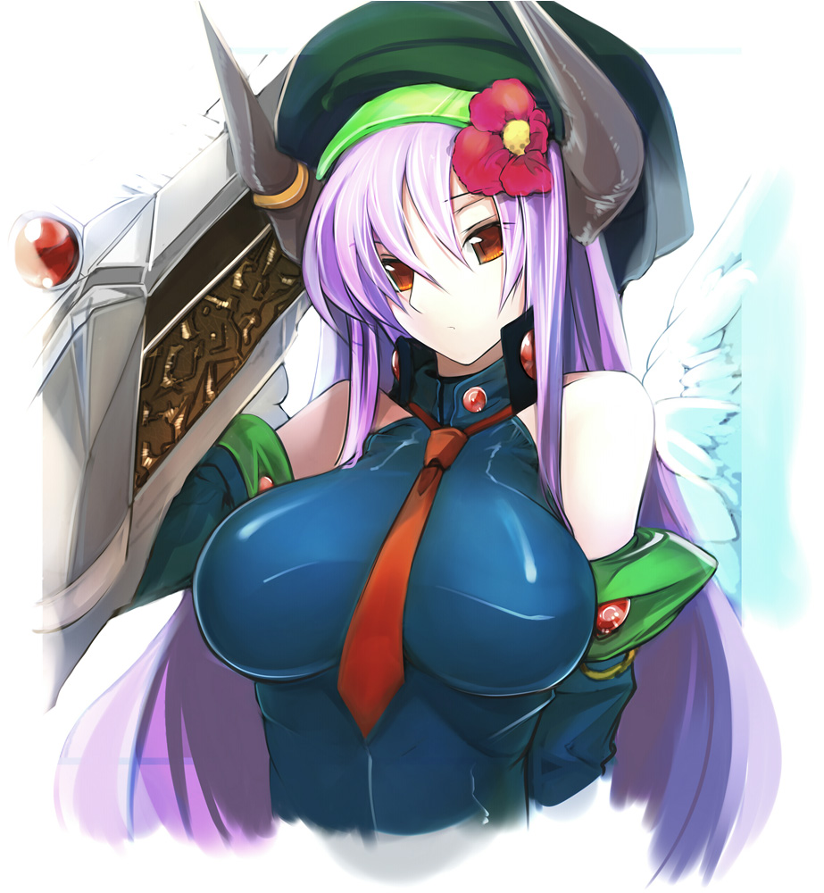 pupps, light purple hair, 1girl, bare shoulders, beret, breasts, detached sleeves, elbow gloves, female focus, flower, gloves, hair flower, hair ornament, hat, horns, large breasts, long hair, necktie, orange eyes, purple hair, solo, upper body