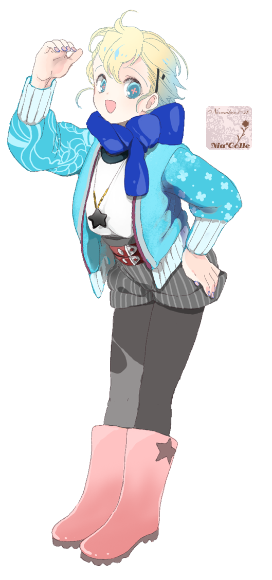 kanke (yonkuma), nia teppelin, tengen toppa gurren lagann, bad id, bad pixiv id, 00s, 1girl, alternate hairstyle, belt, blonde hair, blue scarf, boots, fashion, female focus, hair ornament, hairclip, hairpin, hand on own hip, hip focus, jacket, jewelry, leaning forward, multicolored hair, necklace, nia colle, pantyhose, pantyhose under shorts, scarf, short hair, shorts, smile, solo, star (symbol), transparent background