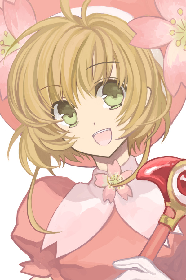 osamu (jagabata), kinomoto sakura, cardcaptor sakura, bad id, bad pixiv id, 1990s (style), 1girl, brown hair, cherry blossoms, child, female focus, flower, green eyes, hat, name connection, object namesake, pink hat, retro artstyle, short hair, smile, solo, wand