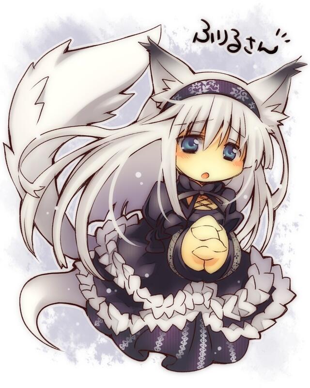 rakisuke, emil chronicle online, 1girl, animal ears, black dress, black hairband, black ribbon, blue eyes, cat ears, cat girl, cat tail, character name, dress, frilled dress, frills, ghost girl, ghost tail, hairband, neck ribbon, nekomata frill, open mouth, own hands clasped, own hands together, ribbon, solo, tail, white background, white hair