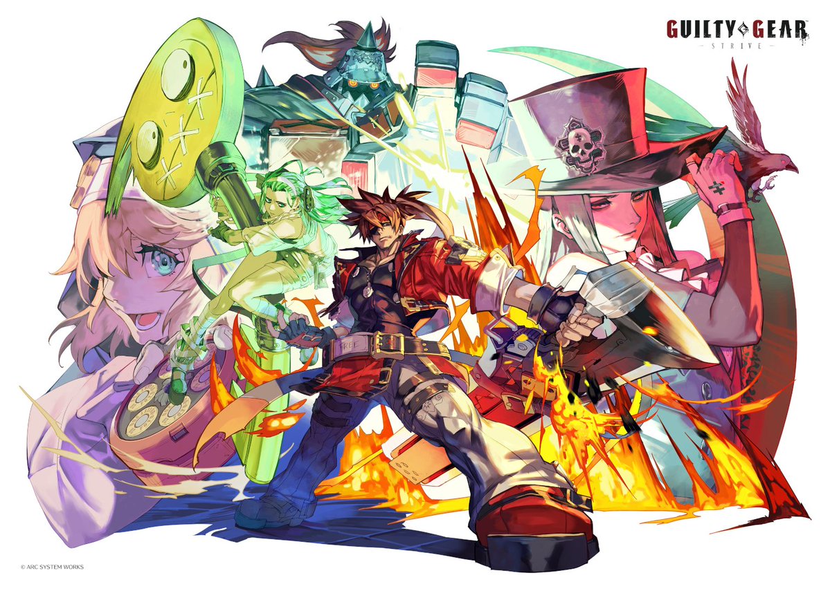 hungry clicker, bridget (guilty gear), potemkin (guilty gear), guilty gear, guilty gear strive, character request, official art, second-party source, bird, black gloves, black hat, blonde hair, blue eyes, brown hair, copyright name, cropped jacket, crow, fingerless gloves, fire, full body, gloves, group picture, hat, high ponytail, holding, holding sword, holding weapon, jacket, long hair, pants, ponytail, red jacket, solo focus, sword, top hat, weapon