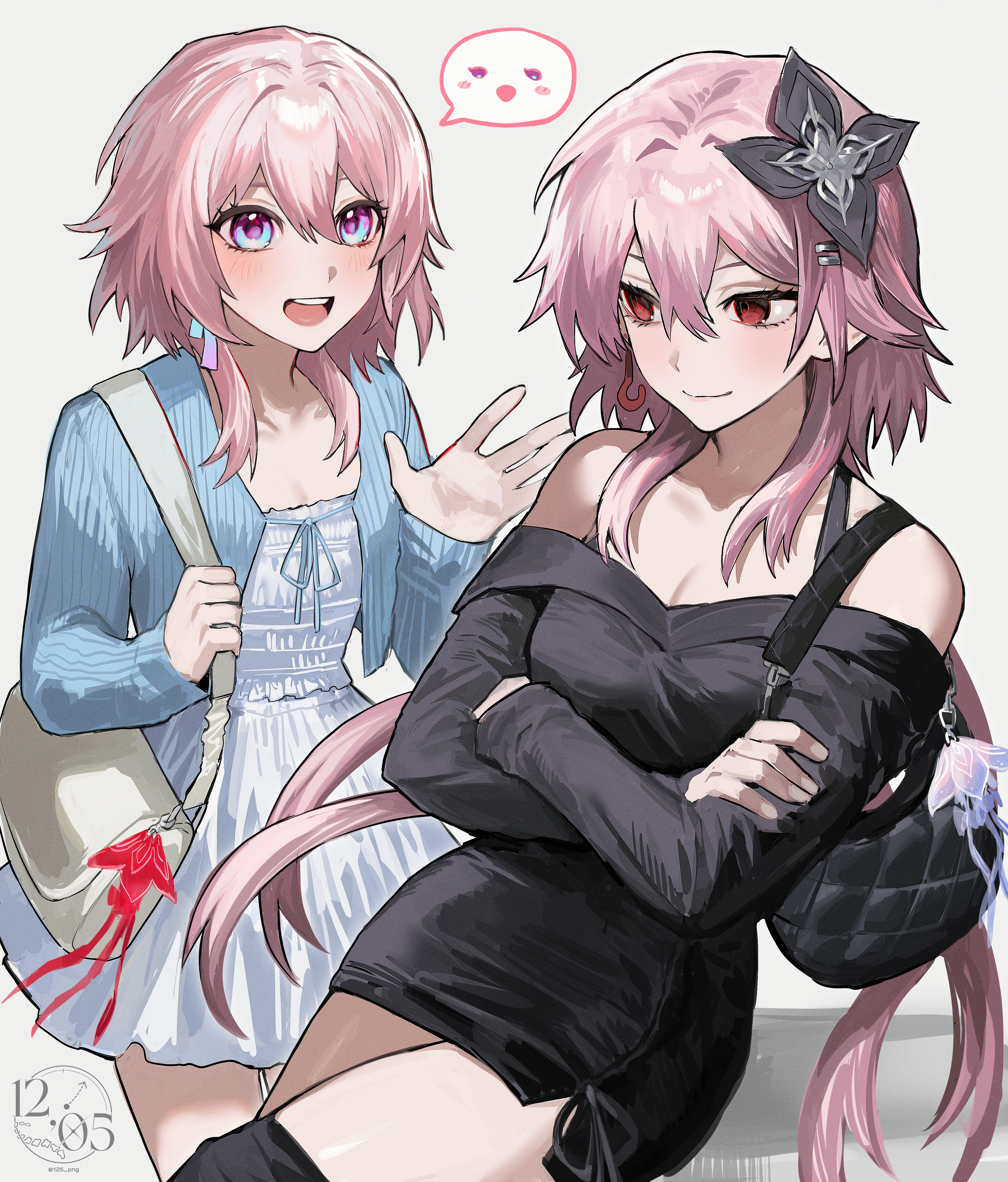 nongxy nonshi, evernight (honkai: star rail), march 7th (honkai: star rail), honkai: star rail, honkai (series), absurdres, commentary, highres, symbol-only commentary, 2girls, alternate costume, bag, bare shoulders, black dress, blue jacket, breasts, cleavage, crossed arms, dress, dual persona, flower, hair flower, hair ornament, handbag, jacket, large breasts, medium breasts, medium hair, multicolored eyes, multiple girls, off-shoulder dress, off shoulder, pink hair, red eyes, simple background, spoken expression, thighs, twitter username, two-tone eyes, white background, white dress