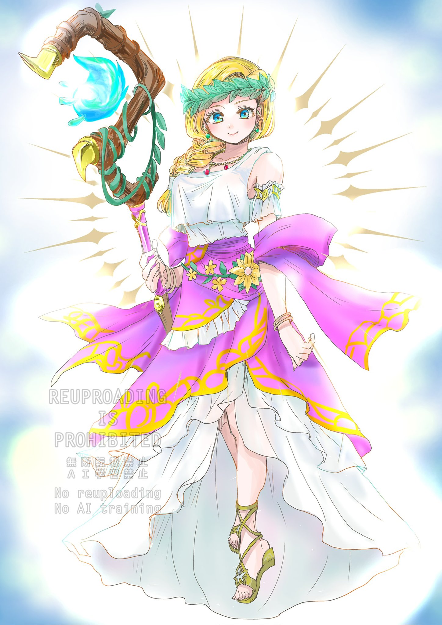 ai89187518, bianca (dq5), dragon quest, dragon quest v, commentary request, highres, 1girl, bangle, bare shoulders, blonde hair, blue eyes, blush, bracelet, braid, dress, earrings, emphasis lines, flower, full body, hair over shoulder, head wreath, holding, holding staff, jewelry, long hair, looking at viewer, necklace, sandals, single braid, sleeveless, sleeveless dress, solo, staff, toes, white dress, yellow flower