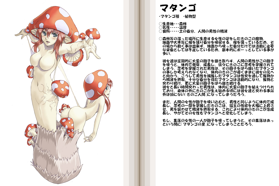 kenkou cross, matango (monster girl encyclopedia), monster girl encyclopedia, official art, 1girl, 2girls, ass, bent over, blush, breasts, character profile, fungus, grey eyes, large breasts, looking at viewer, monster girl, multiple girls, mushroom, mushroom girl, navel, no nipples, nude, red hair