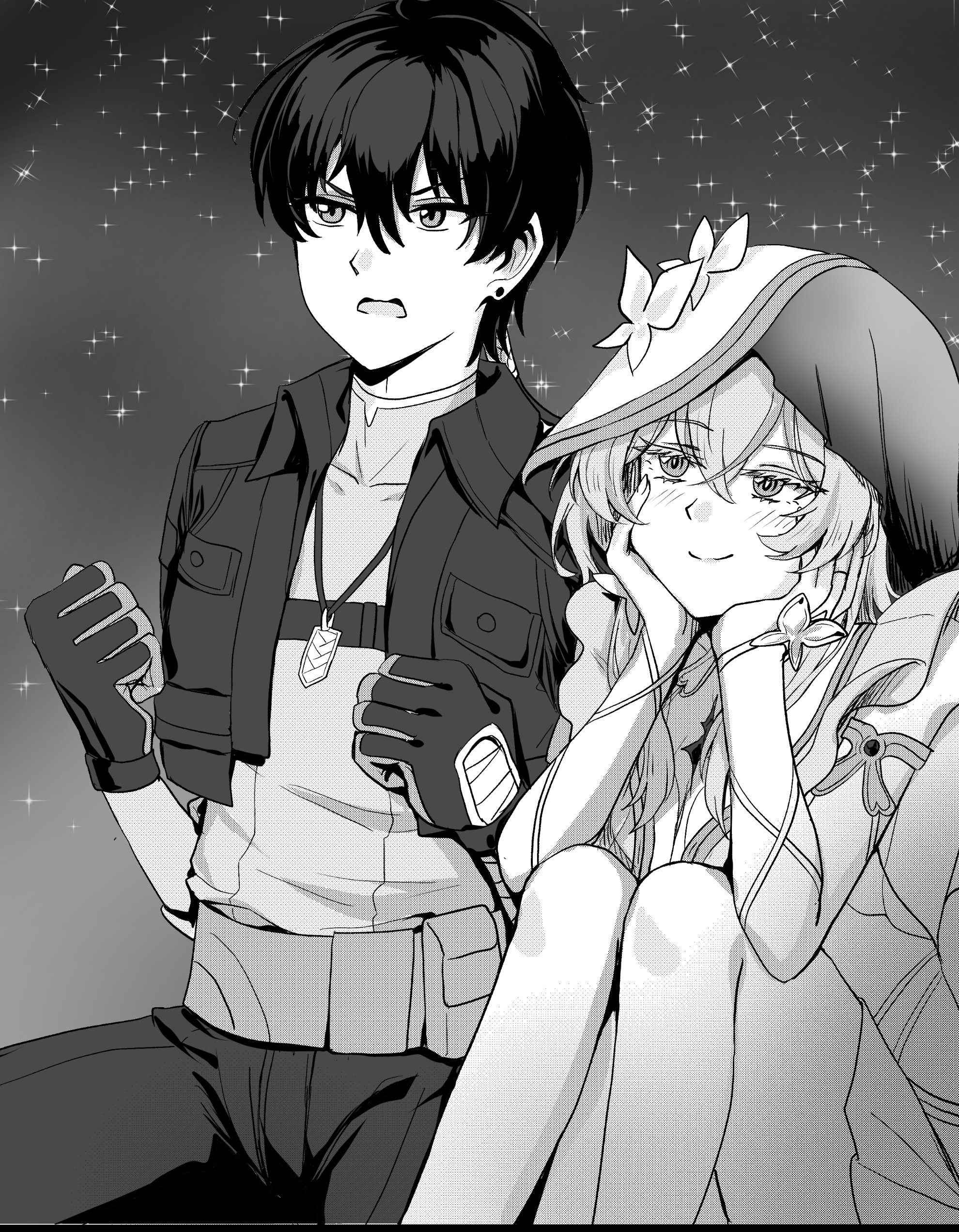 flareza, male rover (wuthering waves), rover (wuthering waves), shorekeeper (wuthering waves), wuthering waves, absurdres, commentary, corrupted twitter file, english commentary, highres, 1boy, 1girl, armlet, clenched hands, closed mouth, dress, gloves, greyscale, hair between eyes, hands on own face, jacket, jewelry, knees up, long hair, monochrome, pants, shirt, sitting, sleeveless, sleeveless dress, smile, stargazing, two-tone veil