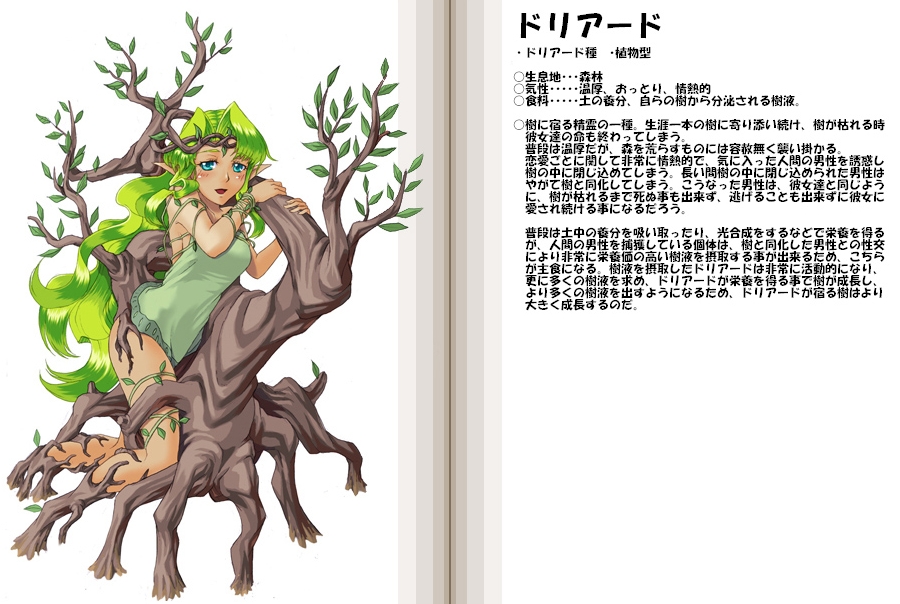 kenkou cross, dryad (monster girl encyclopedia), monster girl encyclopedia, 1girl, blue eyes, character profile, dryad, female focus, green hair, long hair, monster girl, plant, pointy ears, solo, tree
