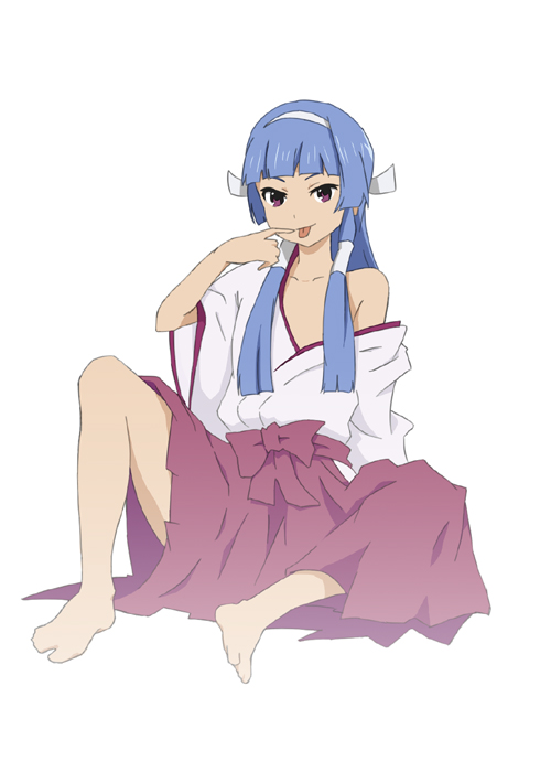 hiro chi, nagi, kannagi, bad id, bad pixiv id, 00s, :p, barefoot, blue hair, blunt bangs, japanese clothes, miko, simple background, solo, tongue, tongue out
