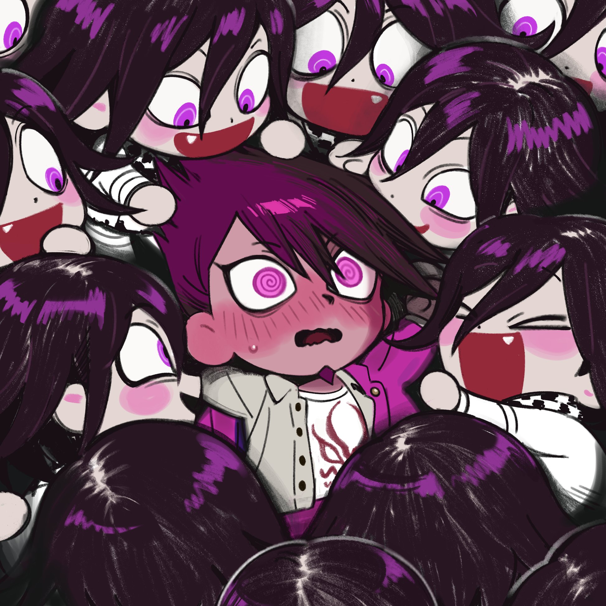 miri (bossu osu), momota kaito, oma kokichi, danganronpa (series), danganronpa v3: killing harmony, commentary, english commentary, highres, > <, 2boys, @ @, black hair, blush, blush stickers, chibi, chibi only, facial hair, fang, flustered, full-face blush, goatee, long sleeves, medium hair, multiple boys, open mouth, purple theme, ringed eyes, shirt, short hair, smile, spiked hair, sweatdrop, too many clones, wavy mouth, wide-eyed, yaoi