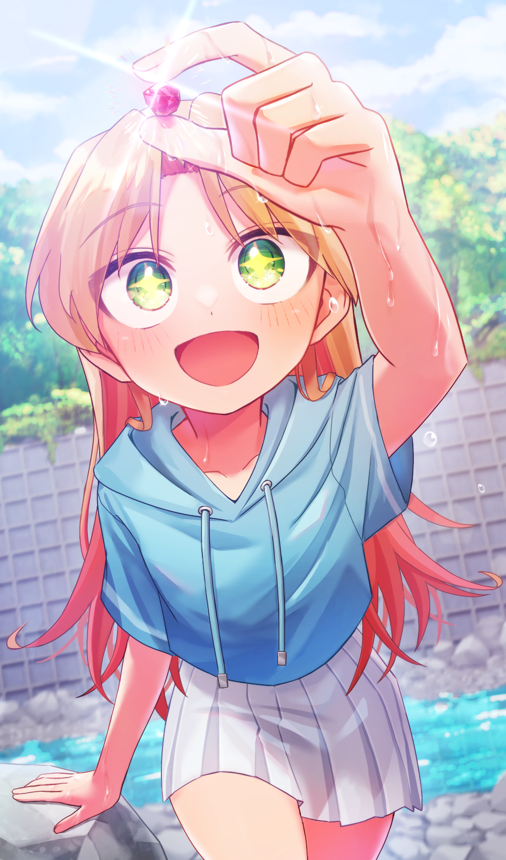 nashinome (y5wlht), tanigawa ruri, ruri no houseki, commentary, highres, + +, 1girl, arm up, blonde hair, blue hoodie, blue sky, blurry, blurry background, cloud, cloudy sky, cowboy shot, day, depth of field, drawstring, forest, gem, green eyes, holding, holding gem, hood, hood down, hoodie, leaning forward, long hair, miniskirt, nature, open mouth, outdoors, pleated skirt, retaining wall, river, rock, short sleeves, skirt, sky, smile, solo, standing, wet, white skirt