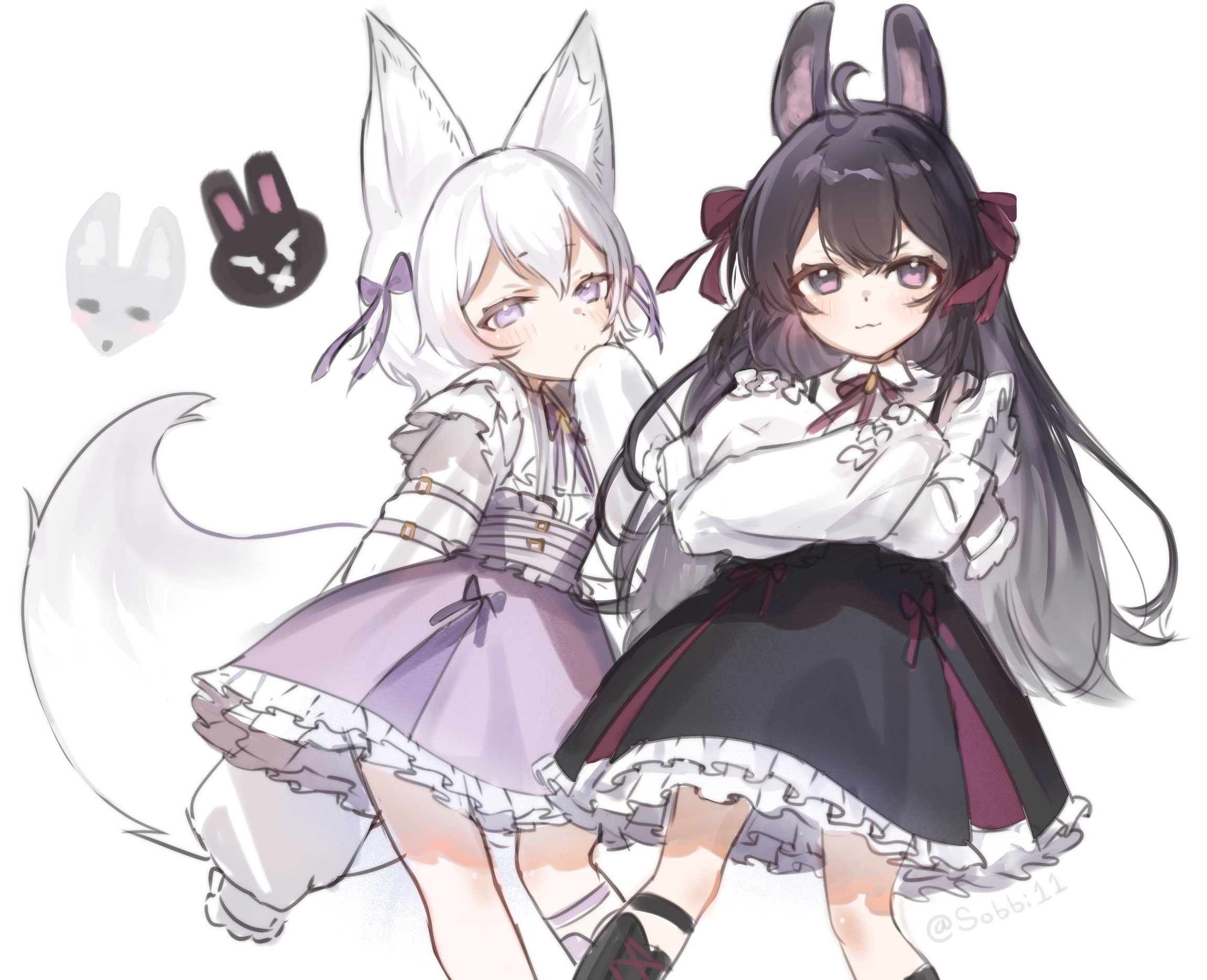 sobbi11, pipkin pippa, tenma maemi, phase connect, highres, 2girls, animal ear fluff, animal ears, black boots, black hair, black skirt, boots, crossed arms, crossed bangs, double-parted bangs, feet out of frame, fox ears, fox tail, frilled skirt, frilled sleeves, frills, grey hair, hair between eyes, hair ribbon, long hair, long sleeves, looking at viewer, multiple girls, neck ribbon, official alternate costume, official alternate hairstyle, purple eyes, purple skirt, rabbit ears, red ribbon, ribbon, shirt, short hair, skirt, sleeve garter, sleeves past fingers, sleeves past wrists, standing, tail, white shirt
