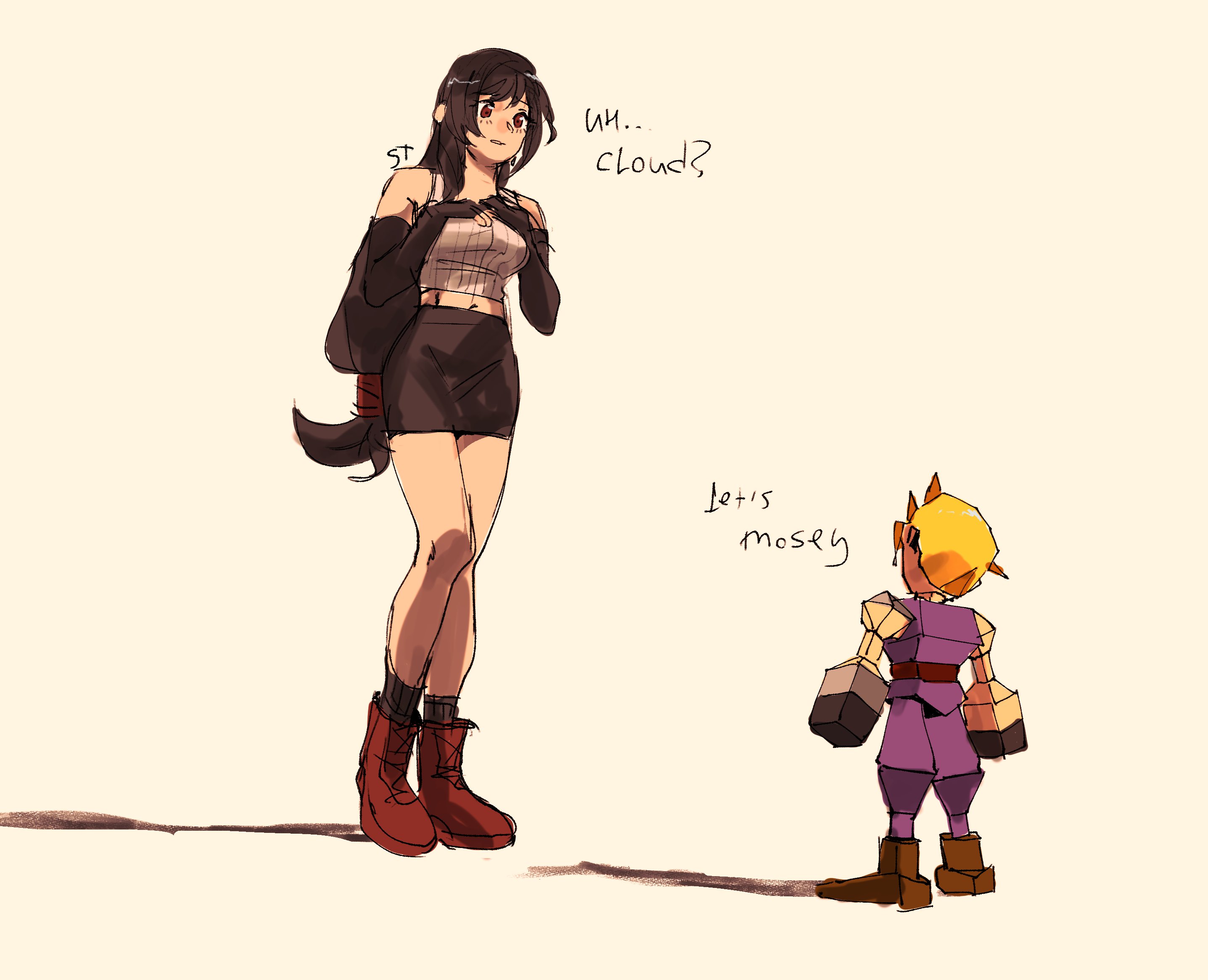 strawderryst, cloud strife, tifa lockhart, final fantasy, final fantasy vii, highres, 1boy, 1girl, bare legs, bare shoulders, black gloves, black hair, black skirt, black socks, blonde hair, boots, breasts, crop top, elbow gloves, english text, full body, gloves, large breasts, long hair, looking at another, low-tied long hair, low poly, midriff peek, miniskirt, navel, parted lips, pencil skirt, red boots, simple background, skirt, socks, spiked hair, standing, tank top, white tank top