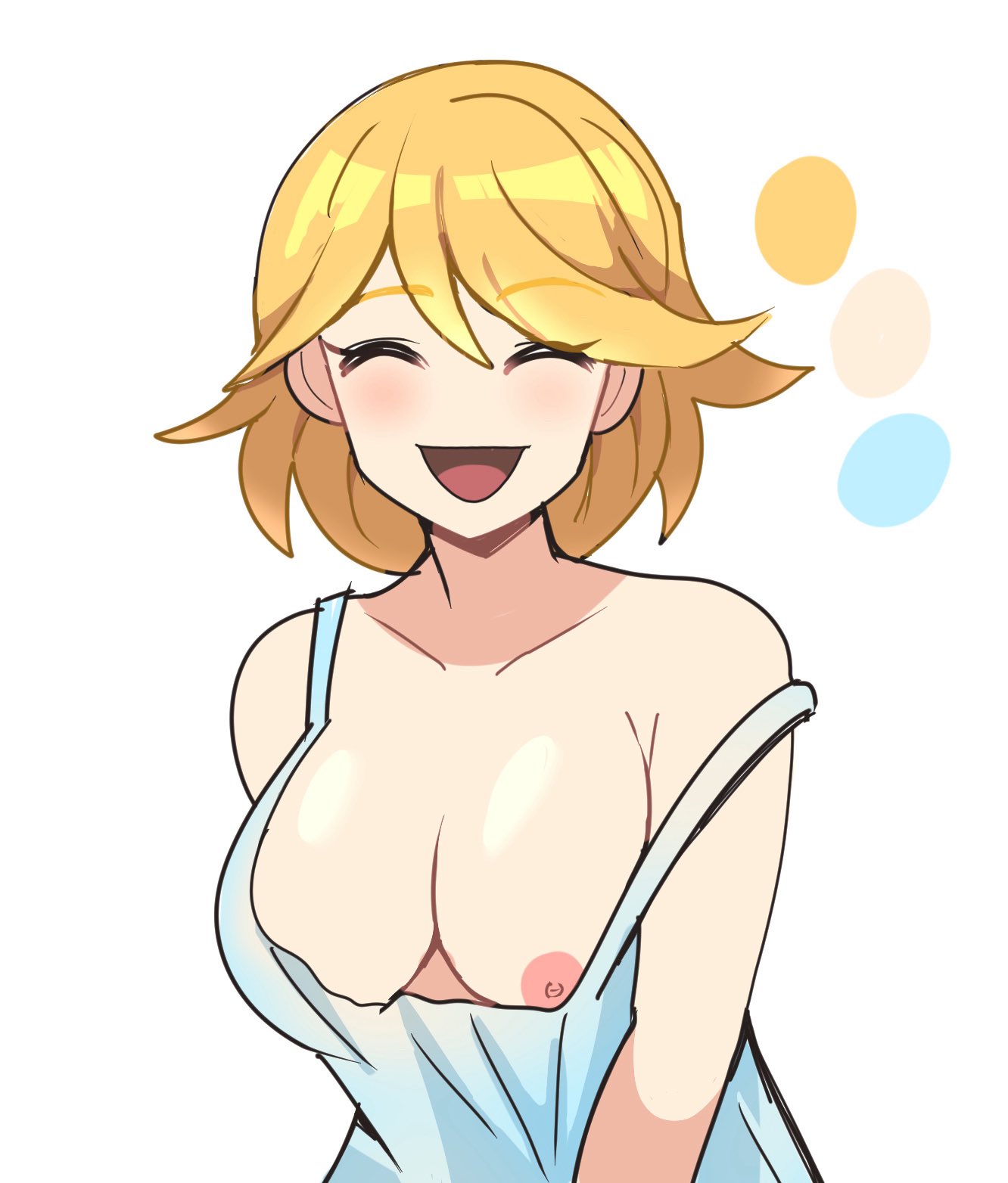bbycheese, original, commentary, english commentary, highres, 1girl, blonde hair, breasts, closed eyes, collarbone, color guide, dress, large breasts, nipple slip, nipples, no nose, open mouth, smile, solo, strap slip, upper body, white dress