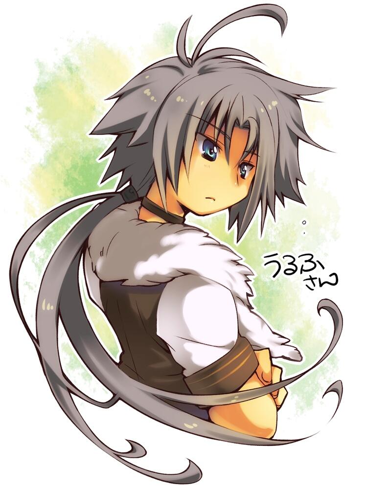 rakisuke, werewolf lore, emil chronicle online, 1boy, ahoge, black choker, black jacket, blue eyes, character name, choker, crossed arms, from behind, fur jacket, grey hair, jacket, low ponytail, ponytail, shirt, sleeveless, sleeveless jacket, solo, upper body, white shirt