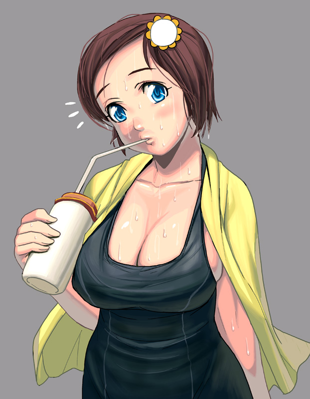 kouno (masao), original, bad id, bad pixiv id, 1girl, black one-piece swimsuit, blue eyes, blush, breasts, brown hair, cleavage, drink, drinking straw, female focus, huge breasts, one-piece swimsuit, school swimsuit, short hair, solo, sweat, swimsuit, towel, towel around neck, wet