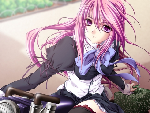 miyama-zero, yumihiki honoka, kanojo tachi no ryuugi, lace-trimmed legwear, game cg, 1girl, bento, black thighhighs, bow, bowtie, female focus, lace, lace trim, long hair, matching hair/eyes, motorcycle, on motorcycle, purple bow, purple bowtie, purple eyes, purple hair, school uniform, solo, thighhighs, very long hair