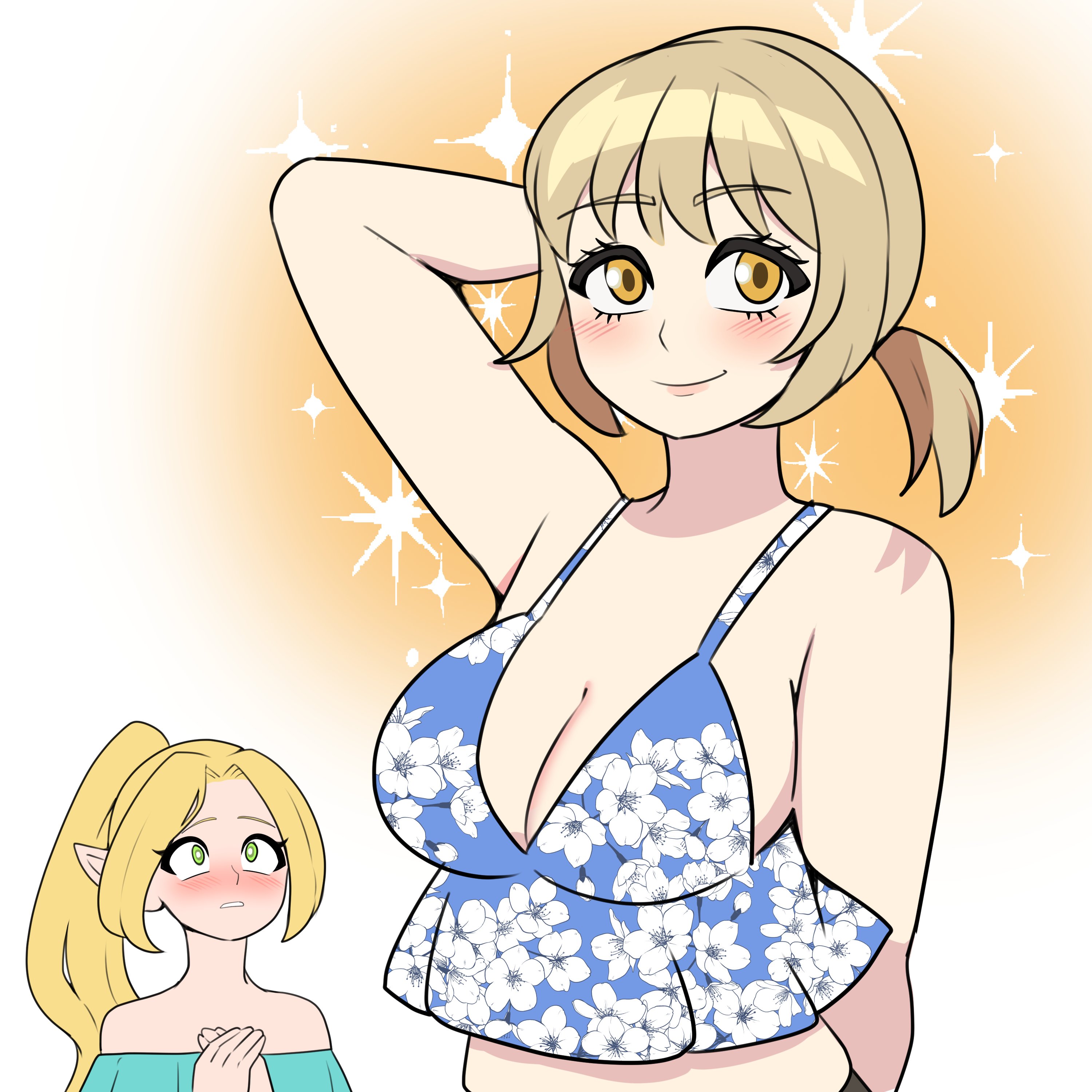 bbycheese, falin touden, falin touden (tallman), marcille donato, dungeon meshi, absurdres, commentary, highres, 2girls, arm behind head, bare shoulders, blonde hair, blush, breasts, camisole, cleavage, floral print, green eyes, high ponytail, large breasts, midriff, multiple girls, off-shoulder shirt, off shoulder, pointy ears, ponytail, shirt, short ponytail, smile, sparkle, sparkling aura, yellow eyes