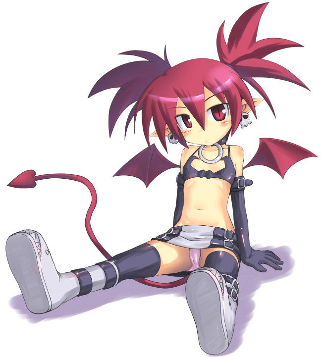 kazuboh, etna (disgaea), disgaea, bad id, bad pixiv id, 1girl, bat wings, elbow gloves, female focus, flat chest, gloves, miniskirt, panties, pantyshot, pink panties, pointy ears, red eyes, red hair, sitting, skirt, solo, tail, thighhighs, underwear, wings