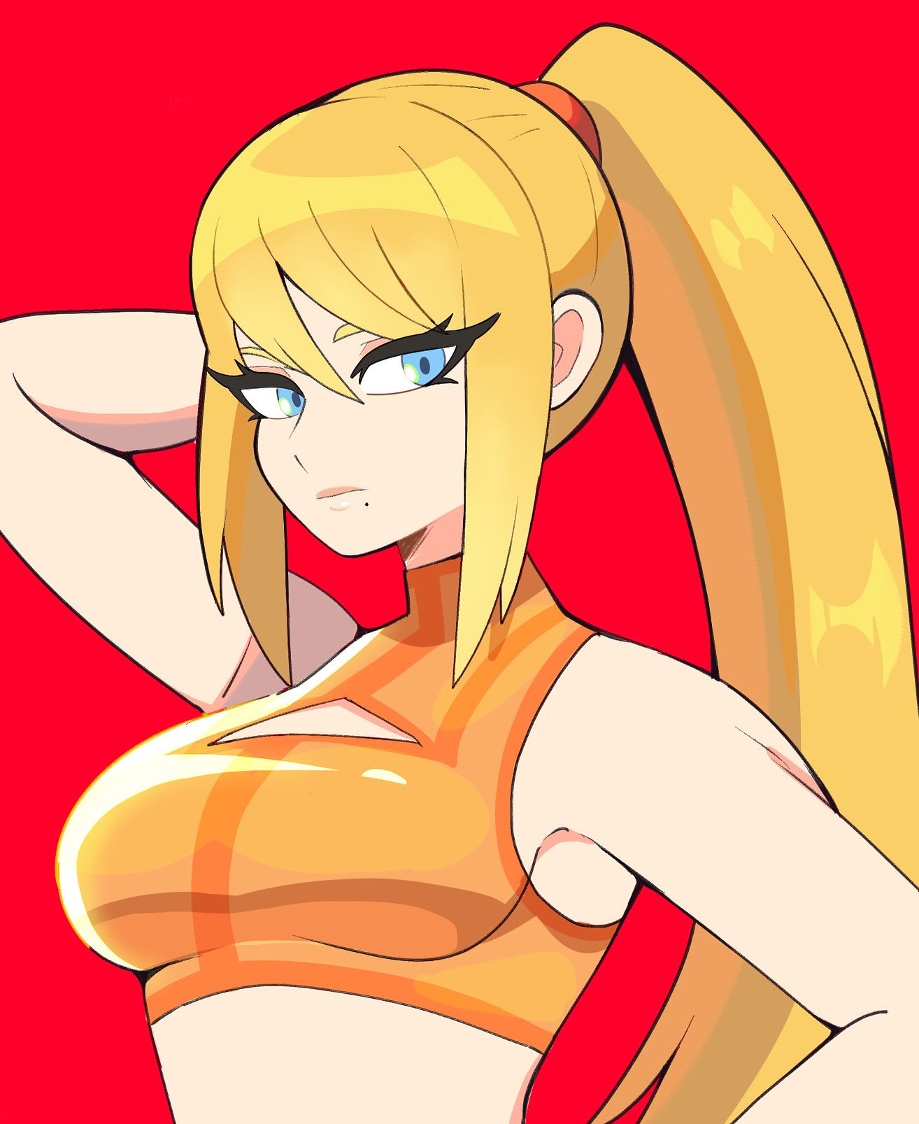 bbycheese, samus aran, metroid, nintendo, commentary, english commentary, highres, 1girl, arm up, blonde hair, blue eyes, breasts, cleavage cutout, clothing cutout, crop top, high ponytail, long hair, medium breasts, midriff, mole, mole under mouth, ponytail, red background, sidelocks, sleeveless, sleeveless turtleneck, solo, turtleneck, upper body