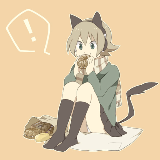hayato (meromoni), original, !, animal ears, cat ears, eating, scarf, socks, solo
