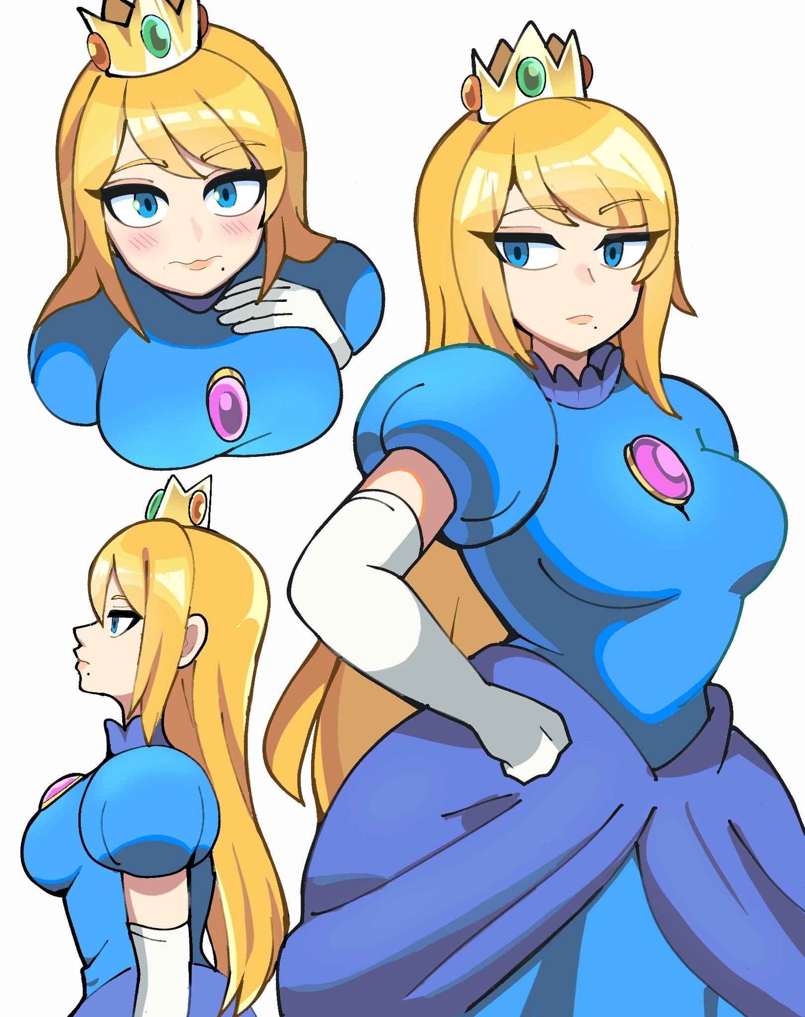 bbycheese, princess peach, samus aran, mario (series), metroid, nintendo, commentary, highres, 1girl, adapted costume, blonde hair, blue eyes, breasts, cosplay, crown, elbow gloves, expressionless, frown, gloves, hand on own hip, long hair, medium breasts, mole, mole under mouth, princess peach (cosplay), puffy short sleeves, puffy sleeves, short sleeves, wavy mouth, white gloves