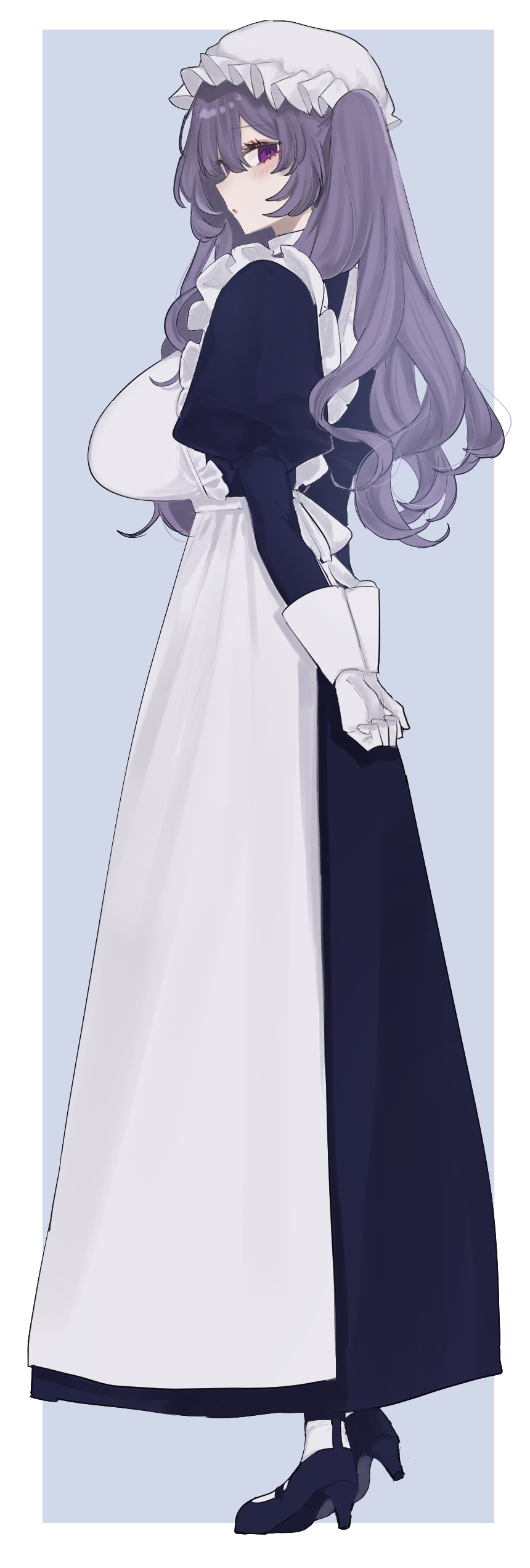eurasia (wtp09ptw14), francoise (eurasia), original, absurdres, commentary request, highres, 1girl, apron, arms behind back, black dress, black shoes, blush, border, breasts, dress, frilled apron, frilled hat, frills, from side, full body, gloves, hat, high heels, juliet sleeves, large breasts, long dress, long hair, long sleeves, looking at viewer, maid, maid apron, mob cap, open mouth, outside border, own hands together, parted bangs, profile, puffy sleeves, purple background, purple eyes, purple hair, shoes, simple background, solo, standing, white apron, white border, white gloves, white hat
