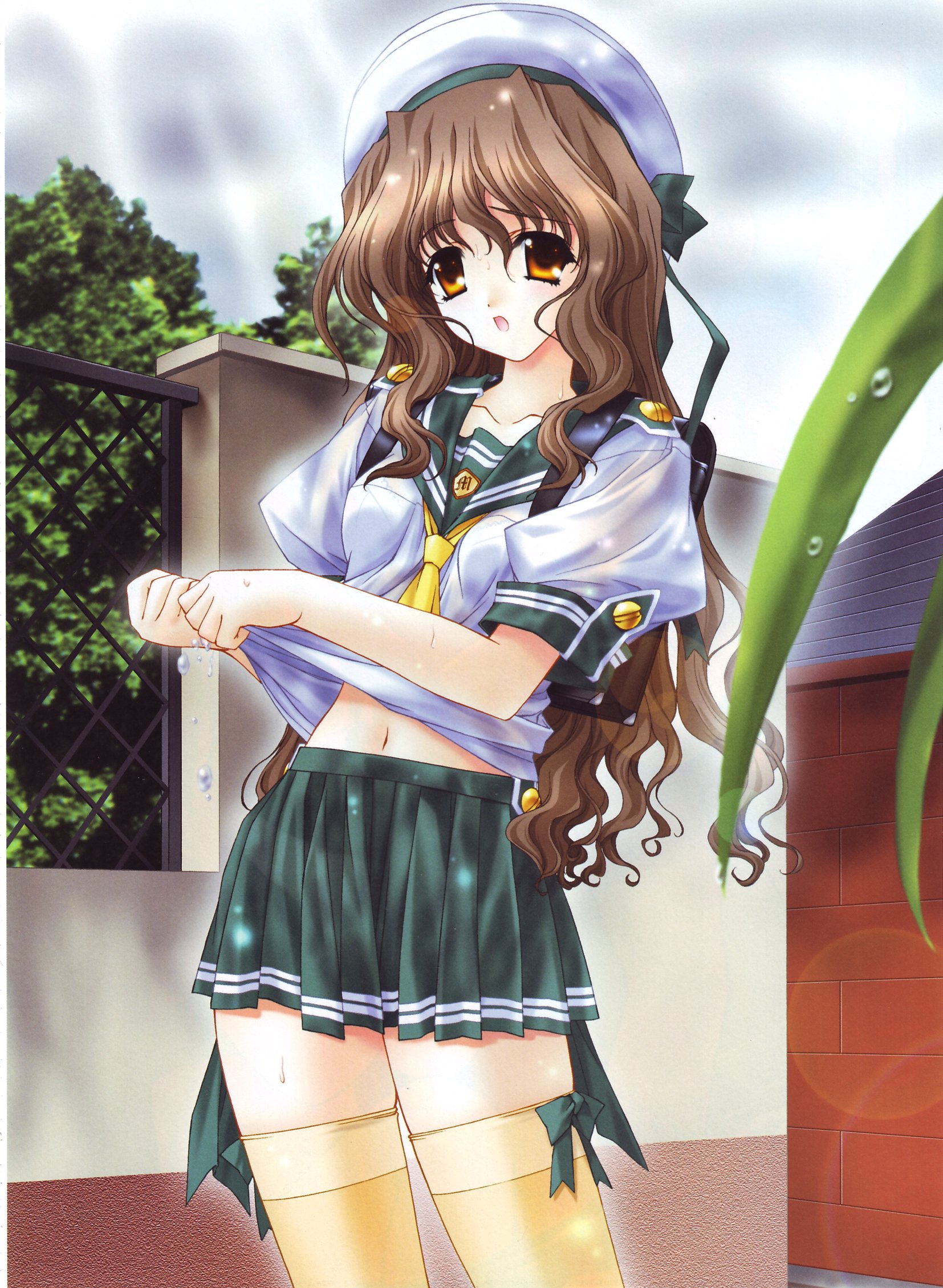 kimizuka aoi, highres, 1girl, beret, bow legwear, brown hair, female focus, hat, lingerie, long hair, school uniform, solo, thighhighs, underwear, wet, wet clothes, yellow eyes, yellow thighhighs, zettai ryouiki