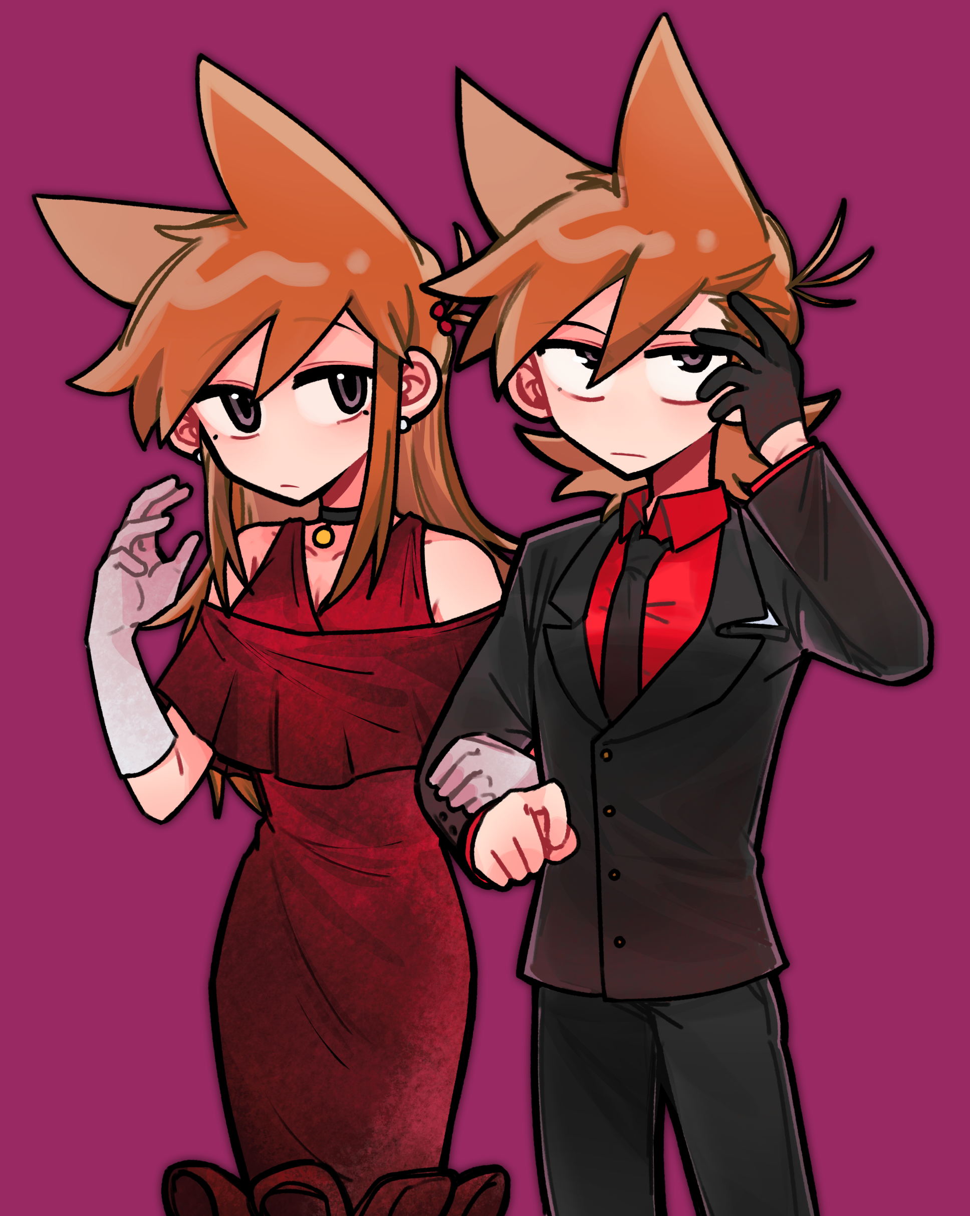 eddsworld, absurdres, chinese commentary, commentary request, highres, 1boy, 1girl, alternate costume, antenna hair, arm hug, bare shoulders, black choker, black eyes, black gloves, black jacket, black necktie, black pants, breasts, brown hair, buwangchuxingaoyixin, choker, cleavage, closed mouth, clothing cutout, collarbone, collared shirt, cowboy shot, double-parted bangs, dress, dual persona, earrings, elbow gloves, frilled dress, frills, frown, gloves, hair behind ear, hair between eyes, hair bobbles, hair horns, hair ornament, hand up, jacket, jewelry, jitome, lapels, layered sleeves, long hair, long sleeves, mole, mole under each eye, mole under eye, multiple moles, necktie, no nose, notched lapels, pants, pink background, ponytail, red dress, red shirt, shirt, short hair, short ponytail, shoulder cutout, sidelocks, simple background, standing, stud earrings, swept bangs, tord (eddsworld), tori (eddsworld), upturned eyes, very long hair, white gloves