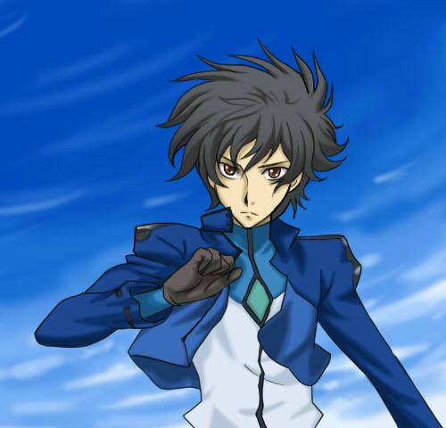 matsu, setsuna f. seiei, gundam, gundam 00, uniform, bad id, bad pixiv id, lowres, 00s, 1boy, black hair, day, gloves, male focus, red eyes, short hair, sky, solo