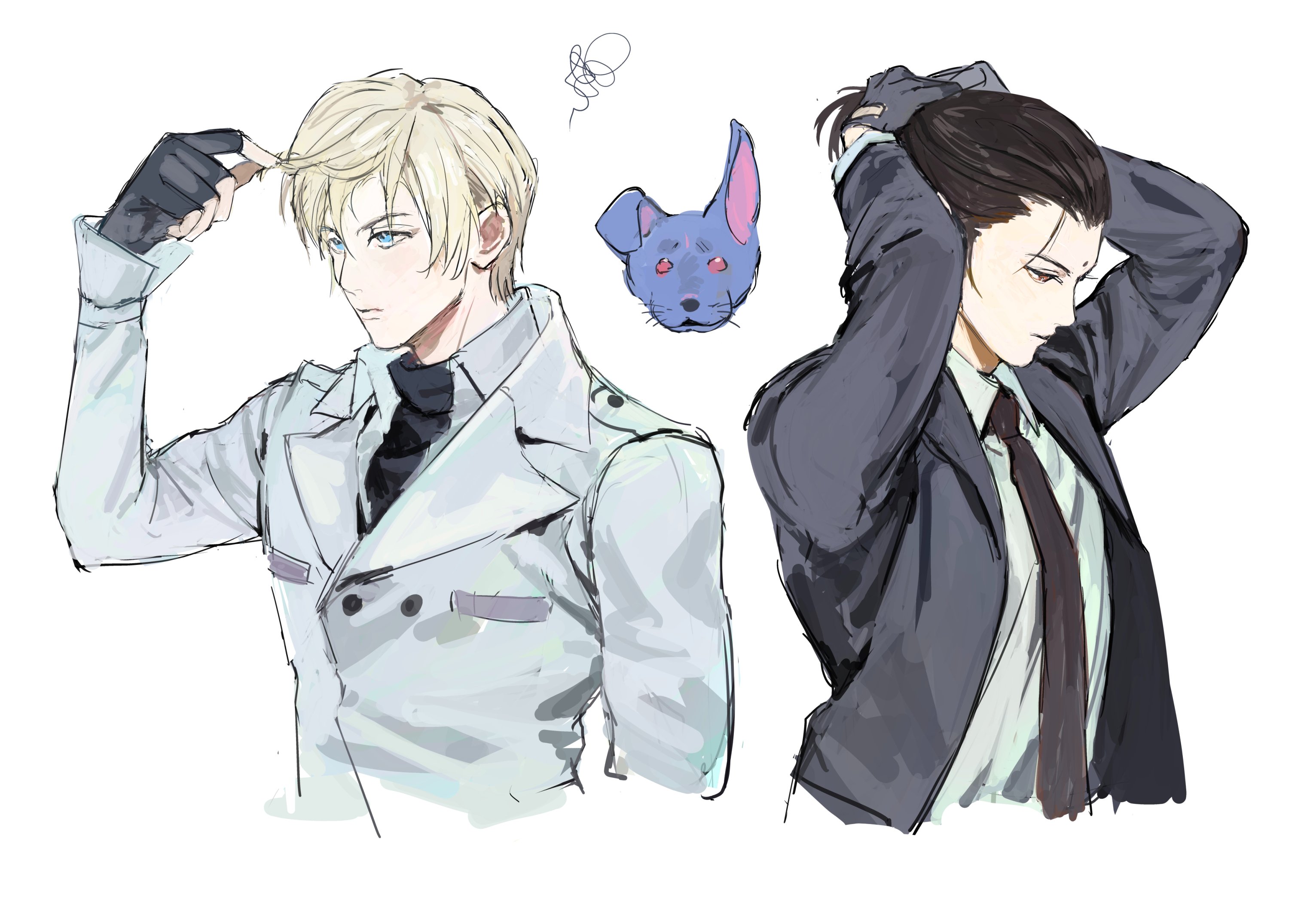shou rou, rufus shinra, tseng, final fantasy, final fantasy vii, final fantasy vii remake, hashtag-only commentary, highres, 2boys, animal, black gloves, black hair, black jacket, black necktie, blonde hair, blue eyes, coat, dark nation, fingerless gloves, gloves, jacket, male focus, multiple boys, necktie, open clothes, open jacket, short hair, simple background, squiggle, suit jacket, turks (ff7), upper body, white background, white coat