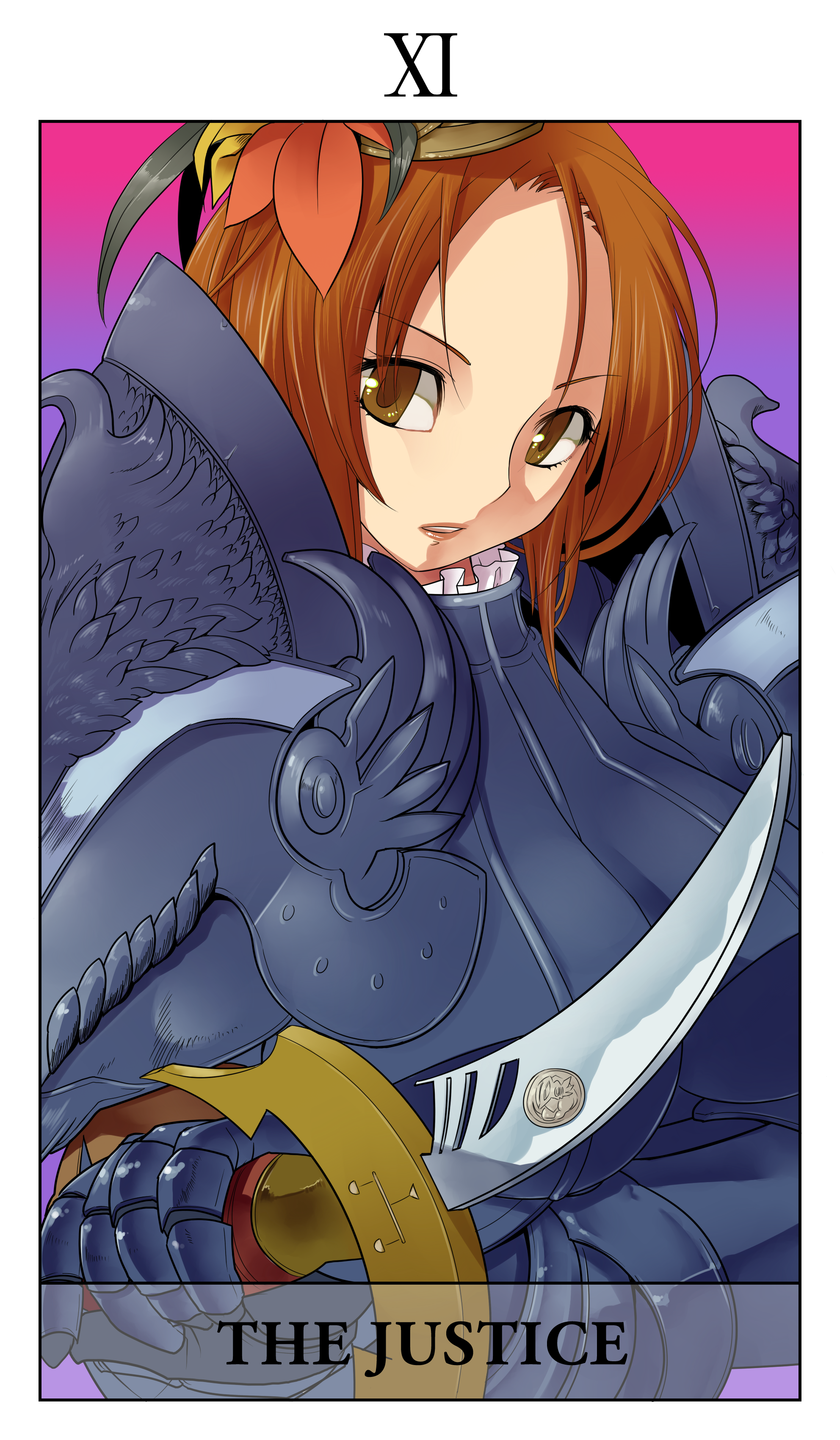 niwacho, wadrite berkstein hordaine, fantasy earth zero, absurdres, highres, armor, brown eyes, brown hair, card (medium), justice (tarot), knife, short hair, shoulder pads, solo, tarot, tarot (medium)
