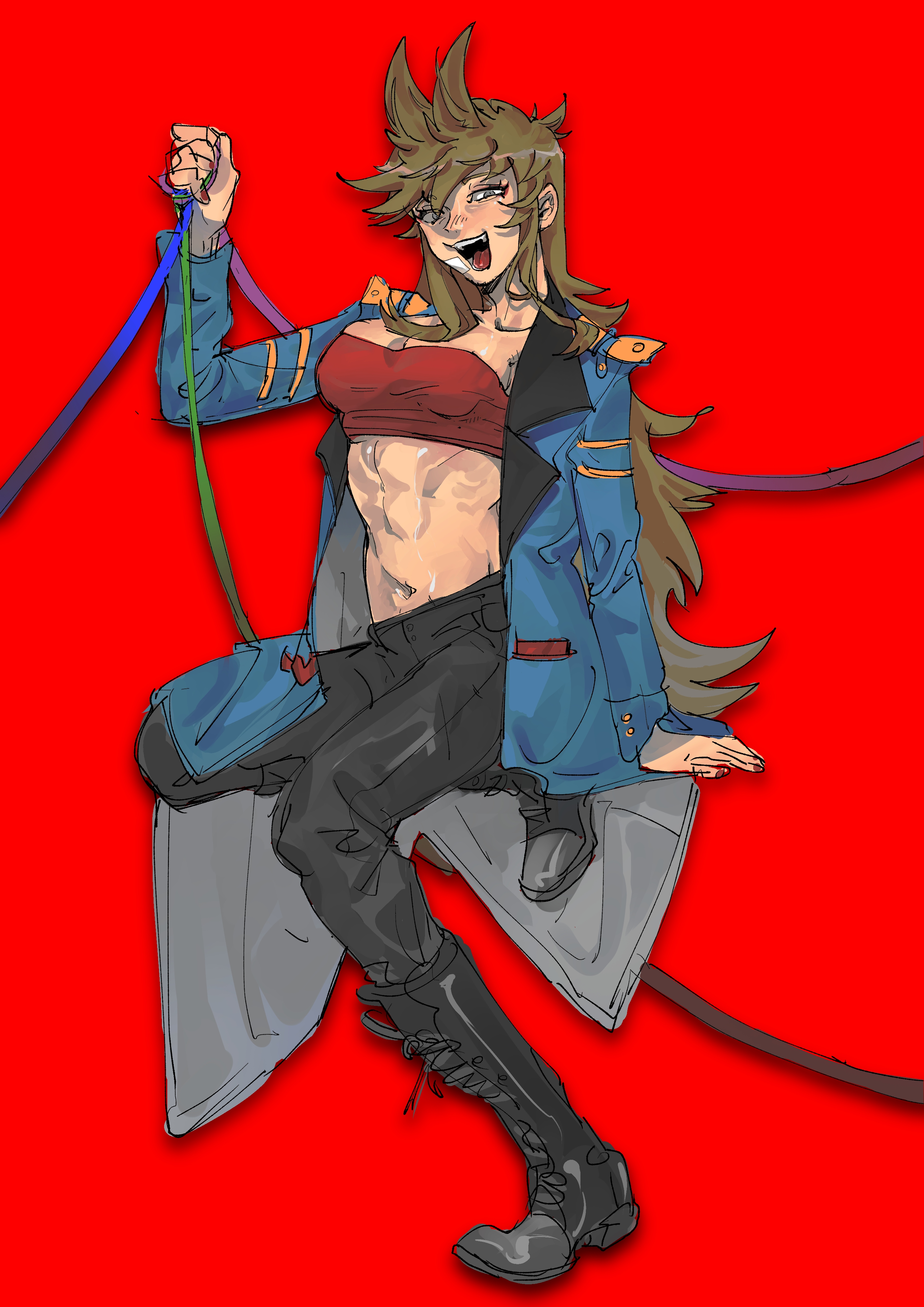 kuangzihaixing, eddsworld, absurdres, chinese commentary, commentary request, highres, 1girl, :d, abs, arm support, black pants, blue coat, boots, bra, breasts, brown hair, cleavage, coat, collarbone, double-parted bangs, full body, future tord (eddsworld), grey eyes, hair between eyes, hair horns, hair over shoulder, hand up, invisible chair, knee boots, lace-up boots, long hair, long sleeves, looking at viewer, nail polish, navel, open clothes, open coat, open mouth, pants, ponytail, red background, red bra, red nails, short ponytail, sidelocks, simple background, sitting, small breasts, smile, solo, stomach, swept bangs, teeth, tongue, tord (eddsworld), tori (eddsworld), underwear, very long hair