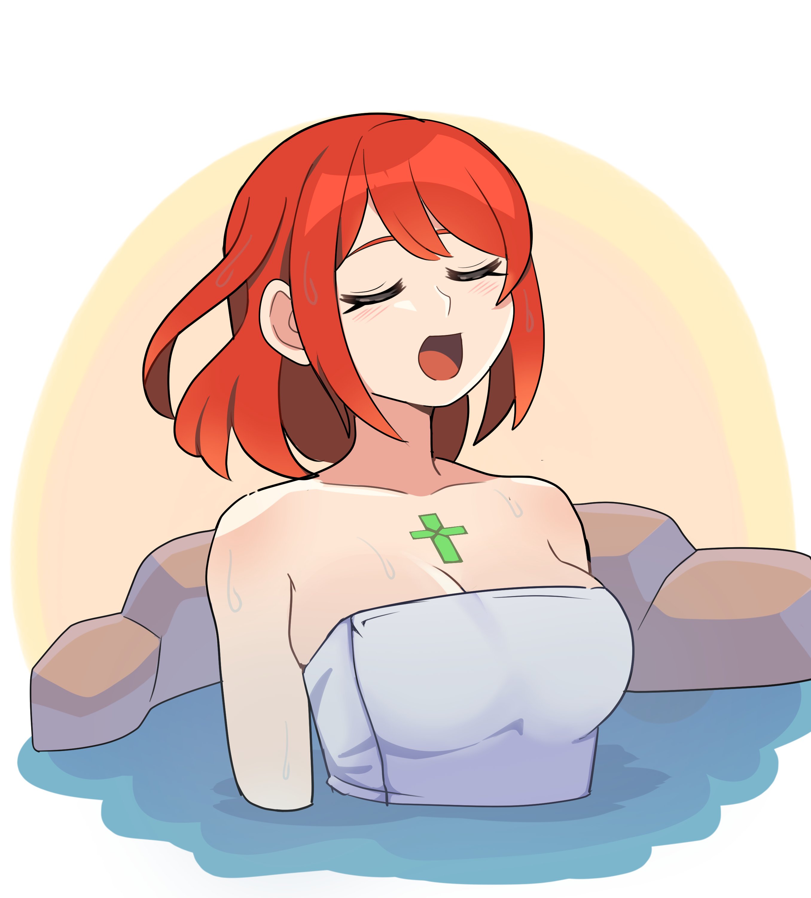bbycheese, pyra (xenoblade), xenoblade chronicles (series), xenoblade chronicles 2, absurdres, commentary, english commentary, highres, 1girl, bathing, breasts, chest jewel, cleavage, closed eyes, large breasts, medium hair, nude, onsen, open mouth, partially submerged, red hair, smile, solo, upper body, wet