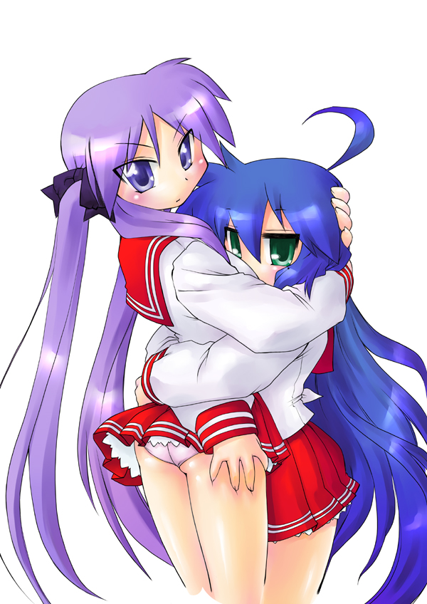kogaku kazuya, hiiragi kagami, izumi konata, lucky star, bad id, bad pixiv id, 00s, 2girls, ahoge, ass, blue eyes, blue hair, blush, female focus, frown, green eyes, hair ribbon, hug, long hair, multiple girls, panties, pantyshot, pleated skirt, purple hair, red skirt, ribbon, school uniform, serafuku, simple background, skirt, tsurime, twintails, underwear, very long hair, white background, yuri