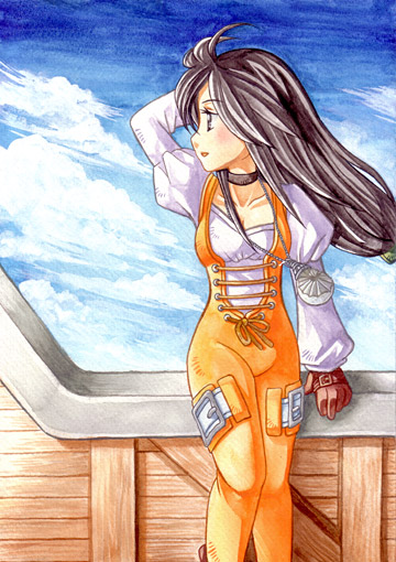 sayaka mako, garnet til alexandros xvii, final fantasy, final fantasy ix, bad id, bad pixiv id, 00s, 1girl, blush, breasts, brown eyes, brown hair, cameltoe, cleavage, dress, female focus, gloves, latex, leaning, long hair, outdoors, sky, solo
