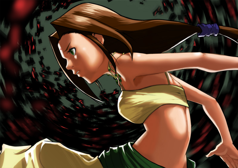 cojibou, sania, sania (arc the lad), arc the lad, arc the lad ii, bad id, bad pixiv id, 1girl, arched back, bare shoulders, brown hair, female focus, green eyes, jewelry, long hair, low-tied long hair, necklace, profile, solo, tank top