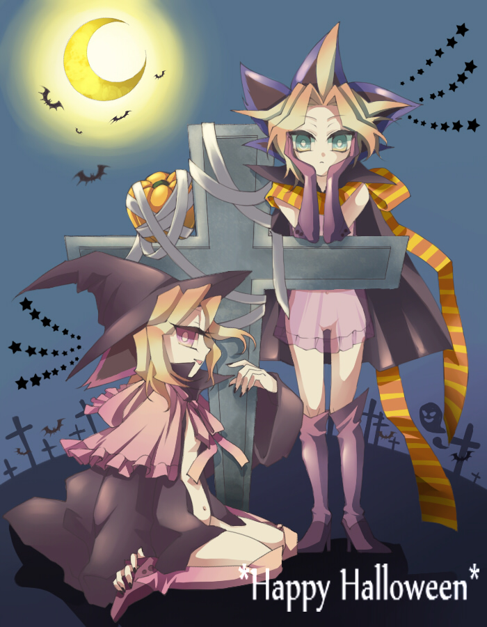 kana (artist), kana (ills), muto yugi, yu-gi-oh!, yu-gi-oh! duel monsters, bad id, bad pixiv id, 1boy, 1girl, bat (animal), black hair, blonde hair, boots, breasts, cape, colored bangs, cross, genderswap, genderswap (mtf), graveyard, green eyes, halloween, happy halloween, hat, long hair, midriff, moon, naked cape, pink eyes, robe, skirt, small breasts, star (symbol), witch hat