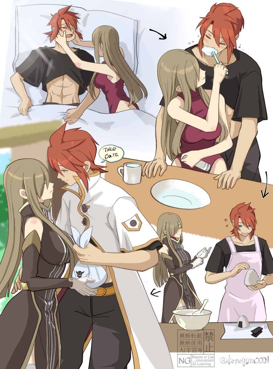 komegura, luke fon fabre, tear grants, tales of (series), tales of the abyss, commentary request, highres, 1boy, 1girl, abs, apron, arrow (symbol), bare shoulders, black pants, black shirt, breasts, brown dress, brown hair, brown sleeves, brushing teeth, cooking, couple, cowboy shot, cup, detached sleeves, dress, flying sweatdrops, food, gloves, heattech leotard, indoors, jacket, large breasts, leotard, long hair, looking at another, lying, multiple views, on back, onigiri, pants, red hair, shirt, short hair, sidelocks, sleeping, sleeveless, turtleneck, under covers, upper body, waking up, white gloves, white jacket