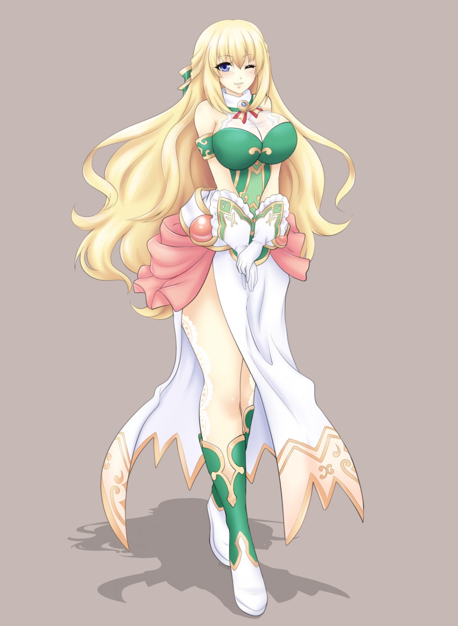 suika-x, vert (neptunia), neptune (series), commission, highres, 1girl, bare shoulders, blonde hair, blue eyes, blush, boots, braid, breasts, brooch, cleavage, detached collar, detached sleeves, dress, frilled dress, frilled gloves, frills, full body, gem, gloves, green boots, green dress, grey background, hair between eyes, hair ornament, hair ribbon, half up braid, huge breasts, jewelry, long hair, looking at viewer, multicolored boots, multicolored dress, one eye closed, own hands together, ribbon, see-through cleavage, see-through clothes, sidelocks, simple background, smile, solo, thick thighs, thighs, very long hair, white boots, white dress, white gloves
