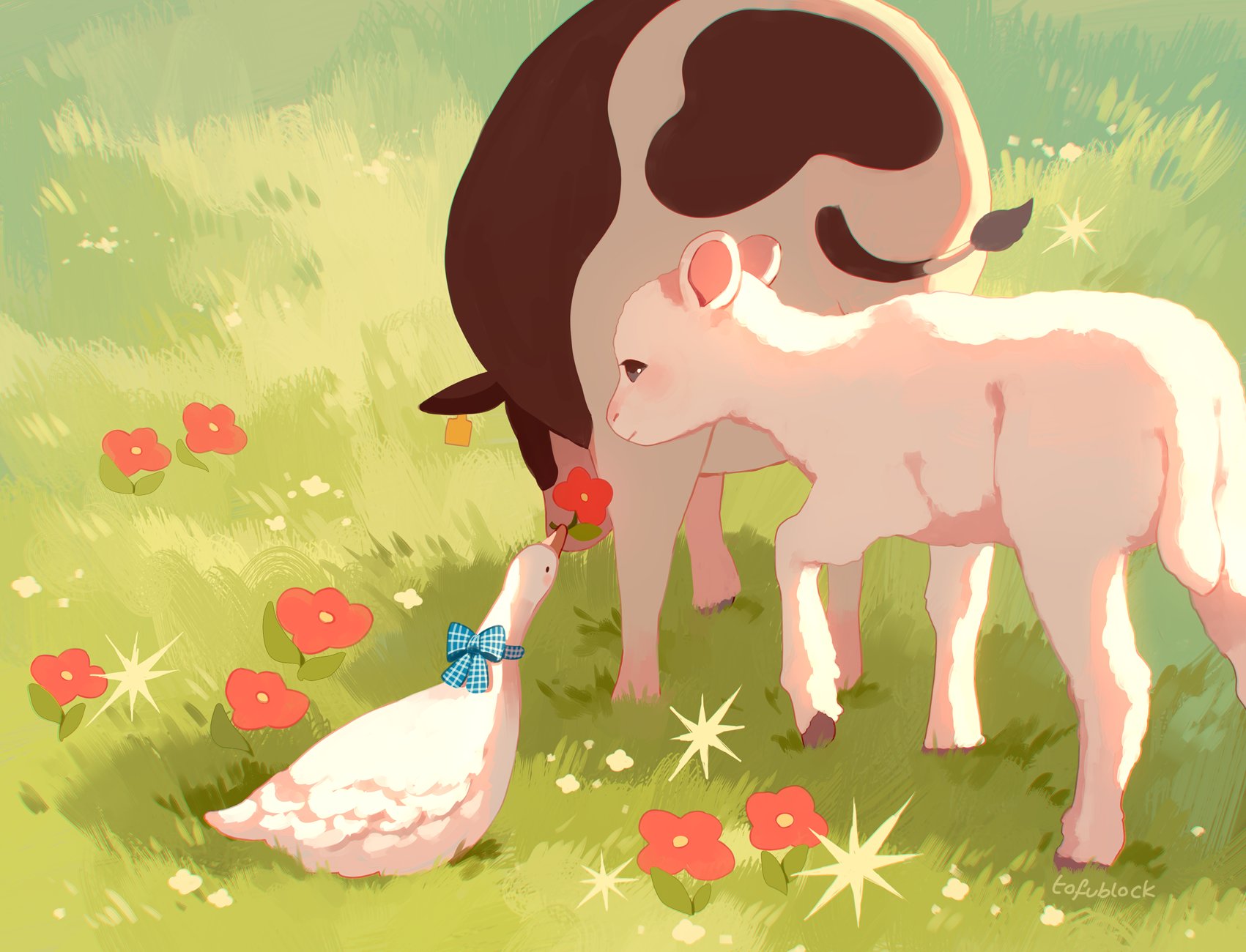 jauni (tofublock), original, commentary, english commentary, highres, animal ear piercing, artist name, bird, blue bow, bow, closed mouth, cow, day, duck, feathers, flower, gift, grass, no humans, outdoors, plaid bow, red flower, sheep, tail