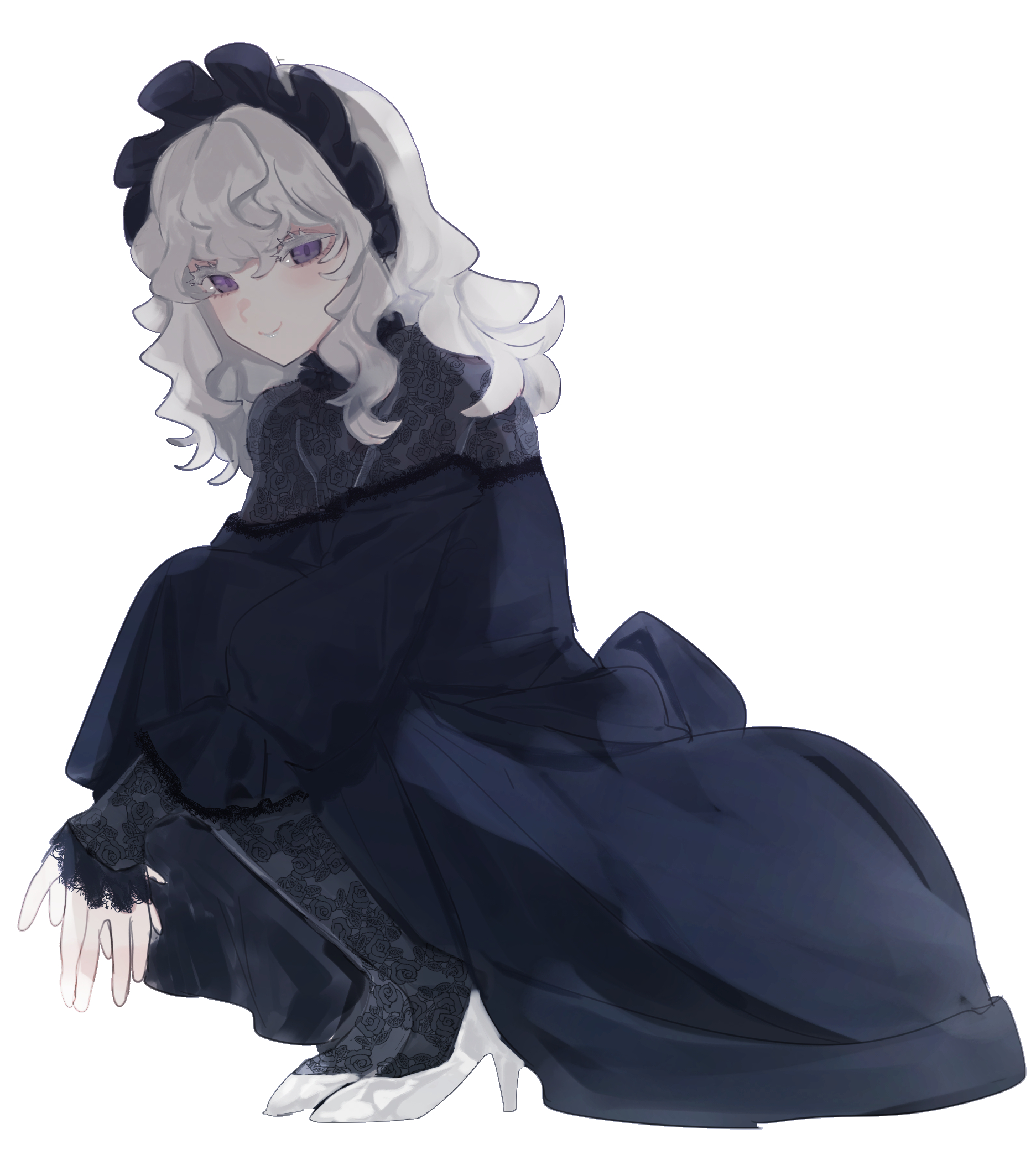 eurasia (wtp09ptw14), original, commentary request, highres, 1girl, black dress, black hairband, black pantyhose, closed mouth, dress, full body, grey hair, hair between eyes, hairband, high heels, long hair, long sleeves, looking at viewer, pantyhose, purple eyes, shoes, simple background, smile, solo, squatting, white background, white shoes