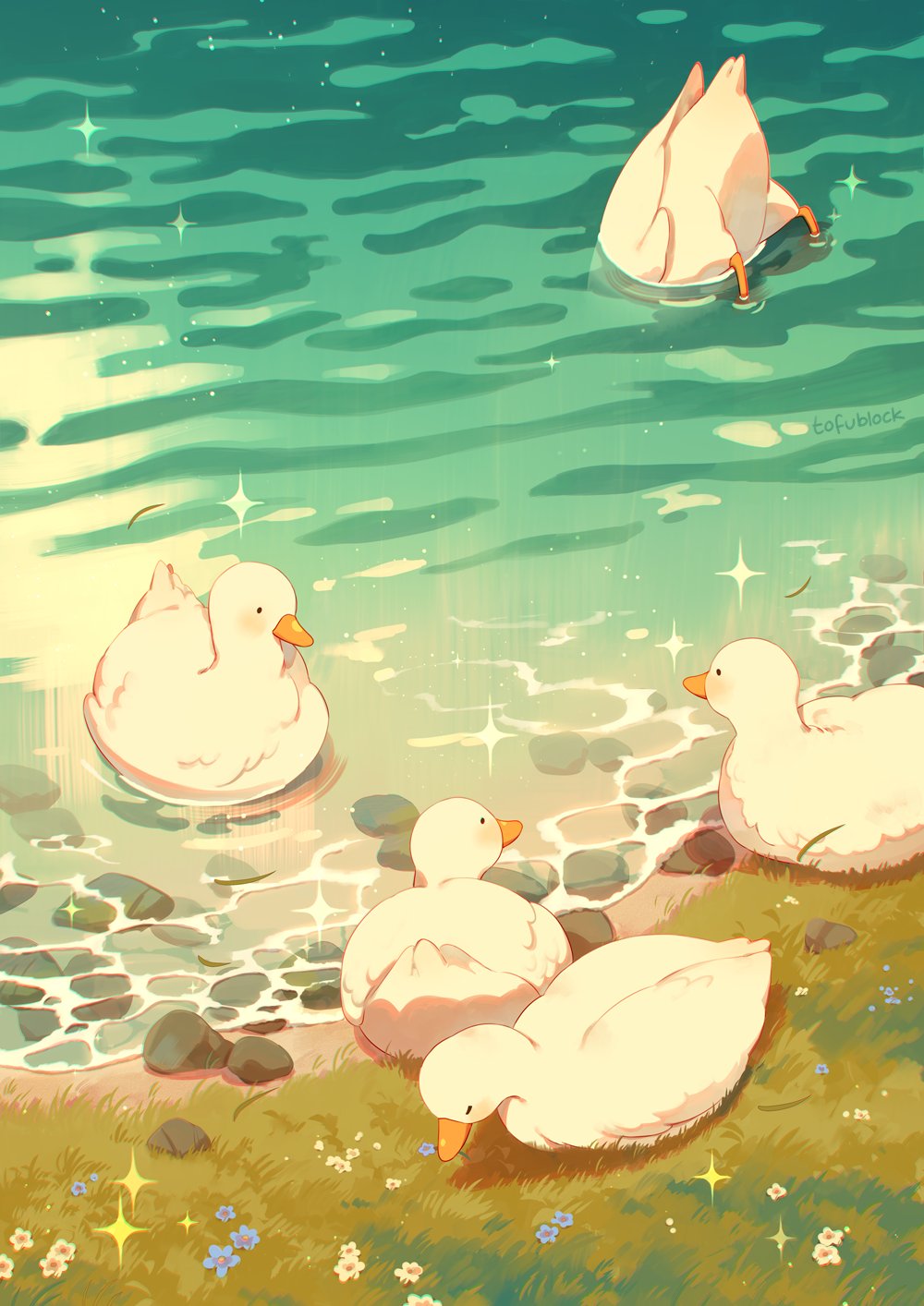 jauni (tofublock), original, commentary, english commentary, highres, artist name, beak, bird, blue flower, closed eyes, day, duck, feathers, flower, grass, no humans, rock, shadow, sparkle, water, white flower