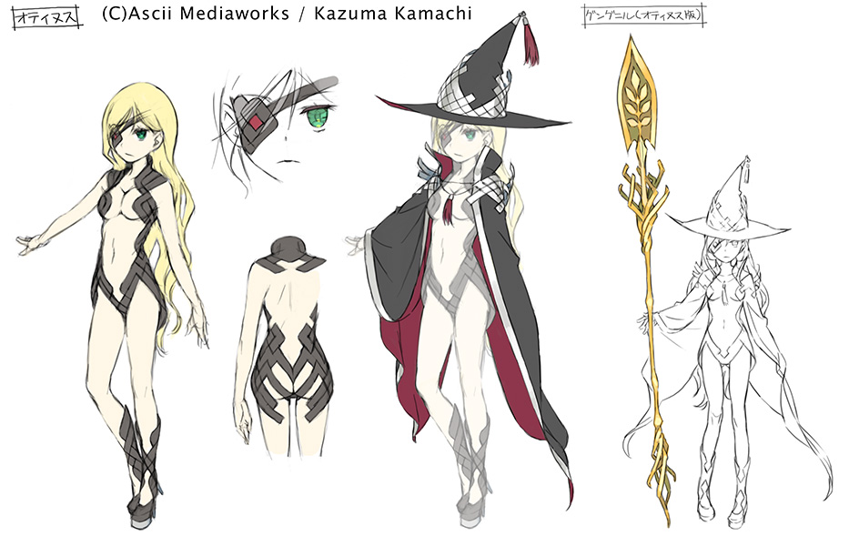 haimura kiyotaka, othinus, toaru majutsu no index, toaru majutsu no index: new testament, concept art, official art, 1girl, ass, back, bare back, black cape, blonde hair, boots, breasts, cape, character name, cleavage, closed mouth, eyepatch, floating, floating hair, from behind, full body, gluteal fold, green eyes, gungnir (toaru), hat, high heels, holding, holding polearm, holding weapon, huge weapon, knee boots, long hair, looking at viewer, medium breasts, multiple views, navel, polearm, reference sheet, revealing clothes, simple background, sketch, solo, spear, turnaround, very long hair, weapon, white background, witch hat