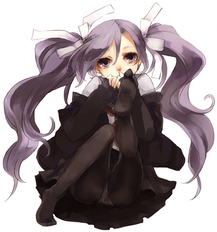 shimakoma, bad id, bad pixiv id, feet, long hair, pantyhose, purple hair, ribbon, school uniform, solo, twintails