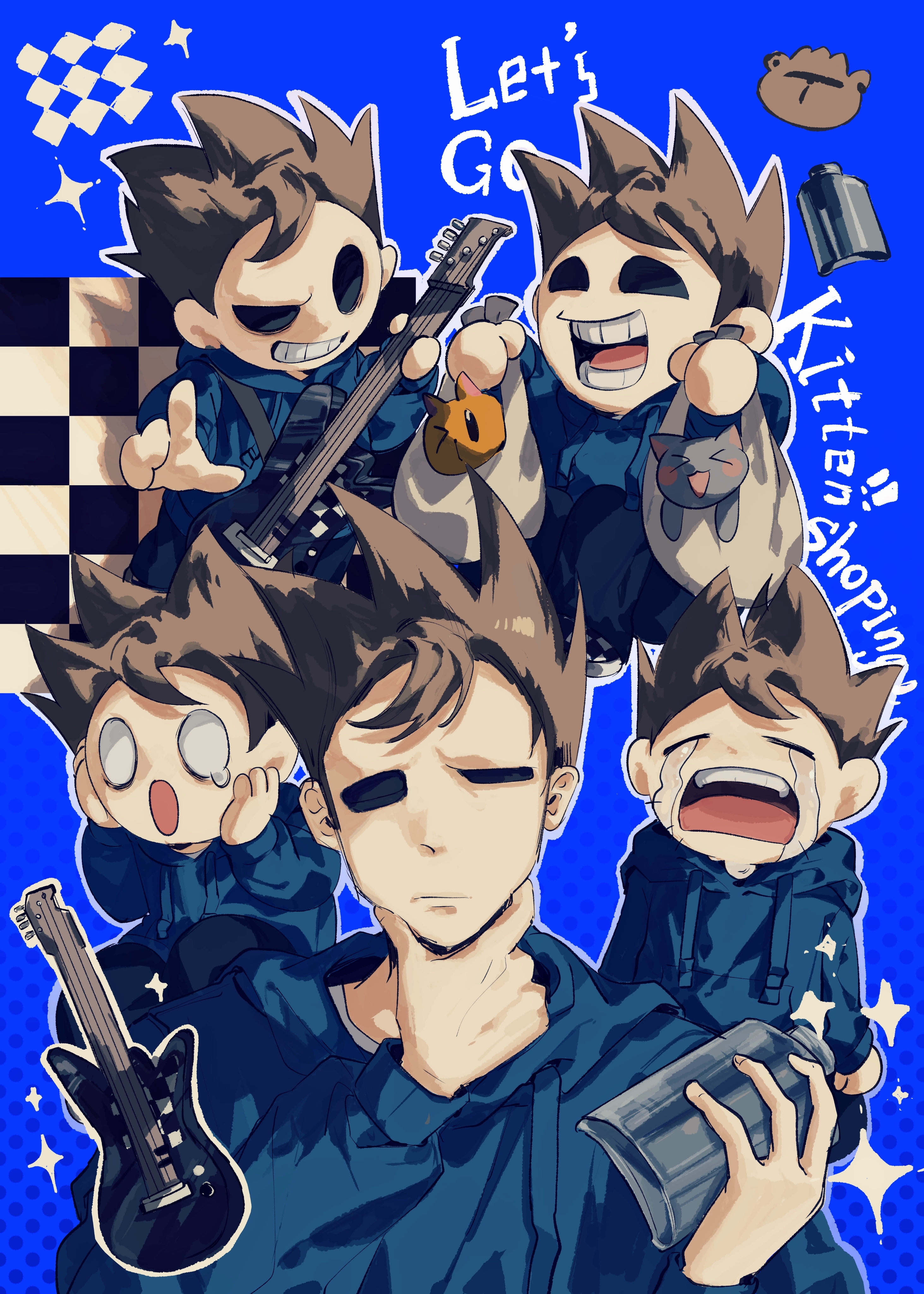 luobxd, tom (eddsworld), eddsworld, absurdres, chinese commentary, commentary request, highres, 1boy, animal, arms at sides, bag, bass guitar, blue background, blue hoodie, bottle, brown hair, cat, closed mouth, crying, double-parted bangs, english text, grey bag, grey cat, grin, guitar, hair behind ear, halftone, halftone background, hands on own cheeks, hands on own face, hands up, holding, holding bag, holding bottle, holding guitar, holding instrument, hollow eyes, hood, hood down, hoodie, instrument, long sleeves, looking at viewer, male focus, multiple views, open mouth, orange cat, outline, puffy long sleeves, puffy sleeves, short hair, simple background, smile, sparkle, spiked hair, teeth, tongue, uneven eyes, upper body, upper teeth only, white outline