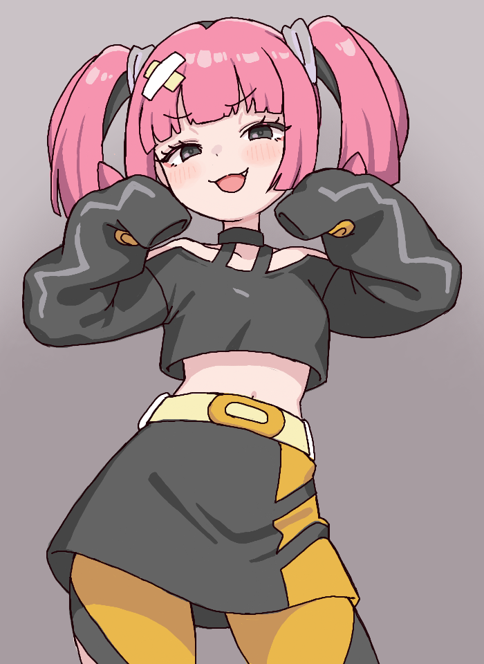 nattocurryumeee, coral (pokemon), nintendo, pokemon, pokemon (anime), pokemon horizons, 1girl, :3, :d, black eyes, black hair, black shirt, black skirt, contrapposto, cowboy shot, cropped shirt, fang, grey background, hair ornament, hands up, legs apart, long sleeves, looking at viewer, medium hair, mesugaki, midriff, miniskirt, multicolored hair, navel peek, open mouth, pink hair, shirt, simple background, skirt, sleeves past fingers, sleeves past wrists, smile, solo, standing, straight hair, thighhighs, twintails, two-tone hair, two-tone skirt, v-shaped eyebrows, x hair ornament, yellow skirt, yellow thighhighs