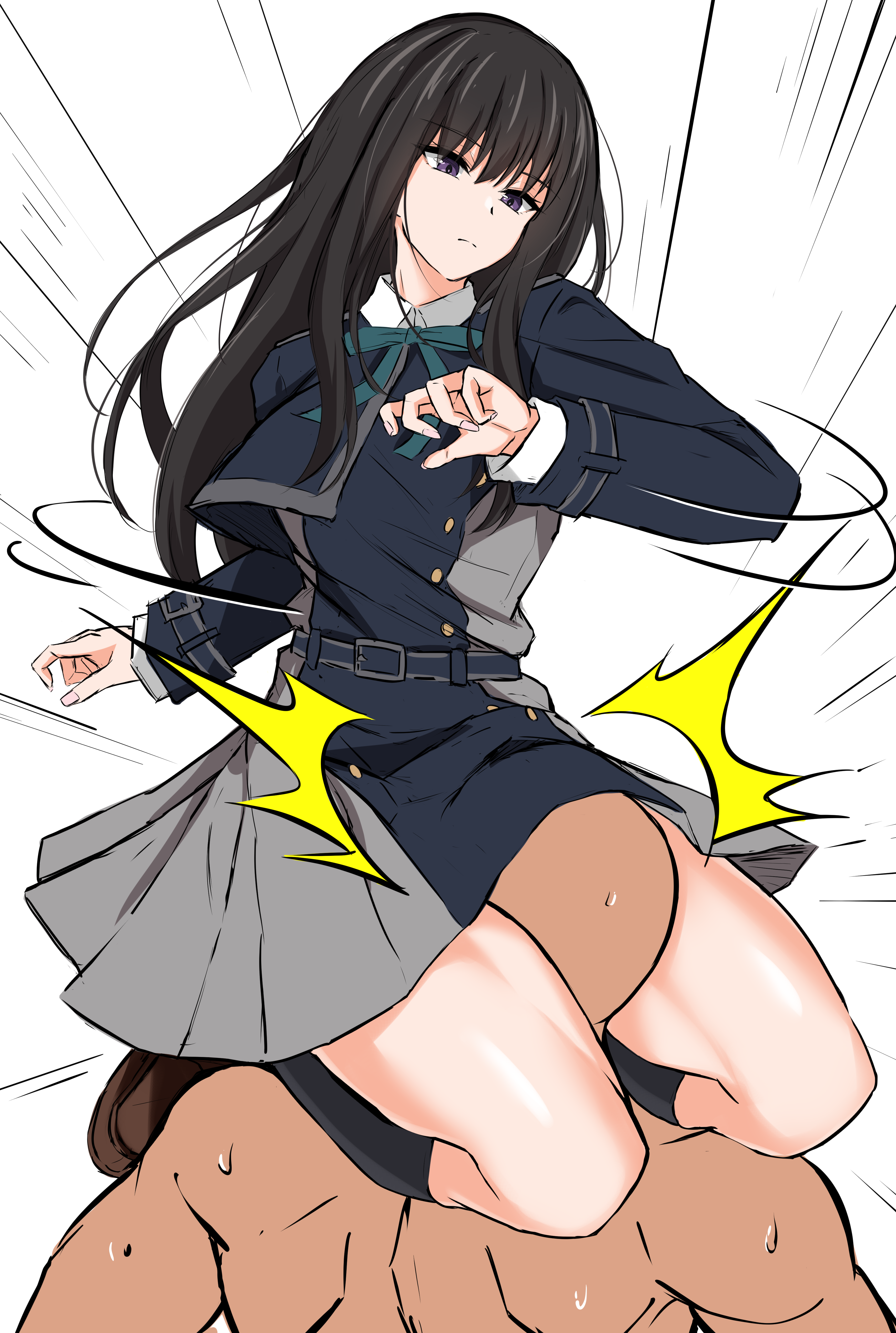 watarase piro, inoue takina, lycoris recoil, absurdres, commentary request, highres, 1boy, 1girl, bald, belt, black hair, breasts, closed mouth, emphasis lines, hair between eyes, head between thighs, kneehighs, long sleeves, looking ahead, medium breasts, mixed-sex combat, motion lines, neck ribbon, neck snap, purple eyes, ribbon, school uniform, simple background, socks, sweat, thighs, white background