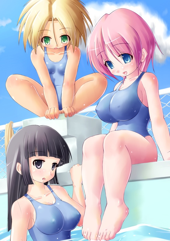 kourourin, 3girls, barefoot, black eyes, black hair, blonde hair, blue eyes, blush, breasts, cleavage, feet, green eyes, large breasts, long hair, multiple girls, one-piece swimsuit, pink hair, pool, school swimsuit, short hair, sitting, swimsuit, water