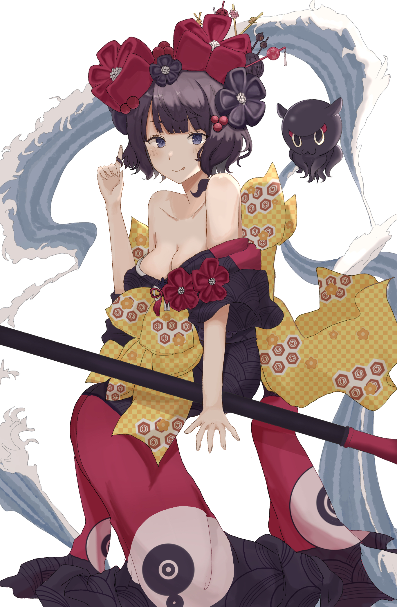 marimo mdmg, katsushika hokusai (fate), katsushika hokusai (second ascension) (fate), toto-sama (fate), fate/grand order, fate (series), commentary, highres, symbol-only commentary, 1girl, bare shoulders, black hair, black kimono, blue eyes, blush, breasts, cleavage, flower, full body, giant brush, hair bun, hair flower, hair ornament, japanese clothes, kimono, large breasts, looking at viewer, octopus, playing with own hair, red kimono, sash, short hair, single hair bun, smile, tongue, tongue out, two-tone kimono, water, yellow sash